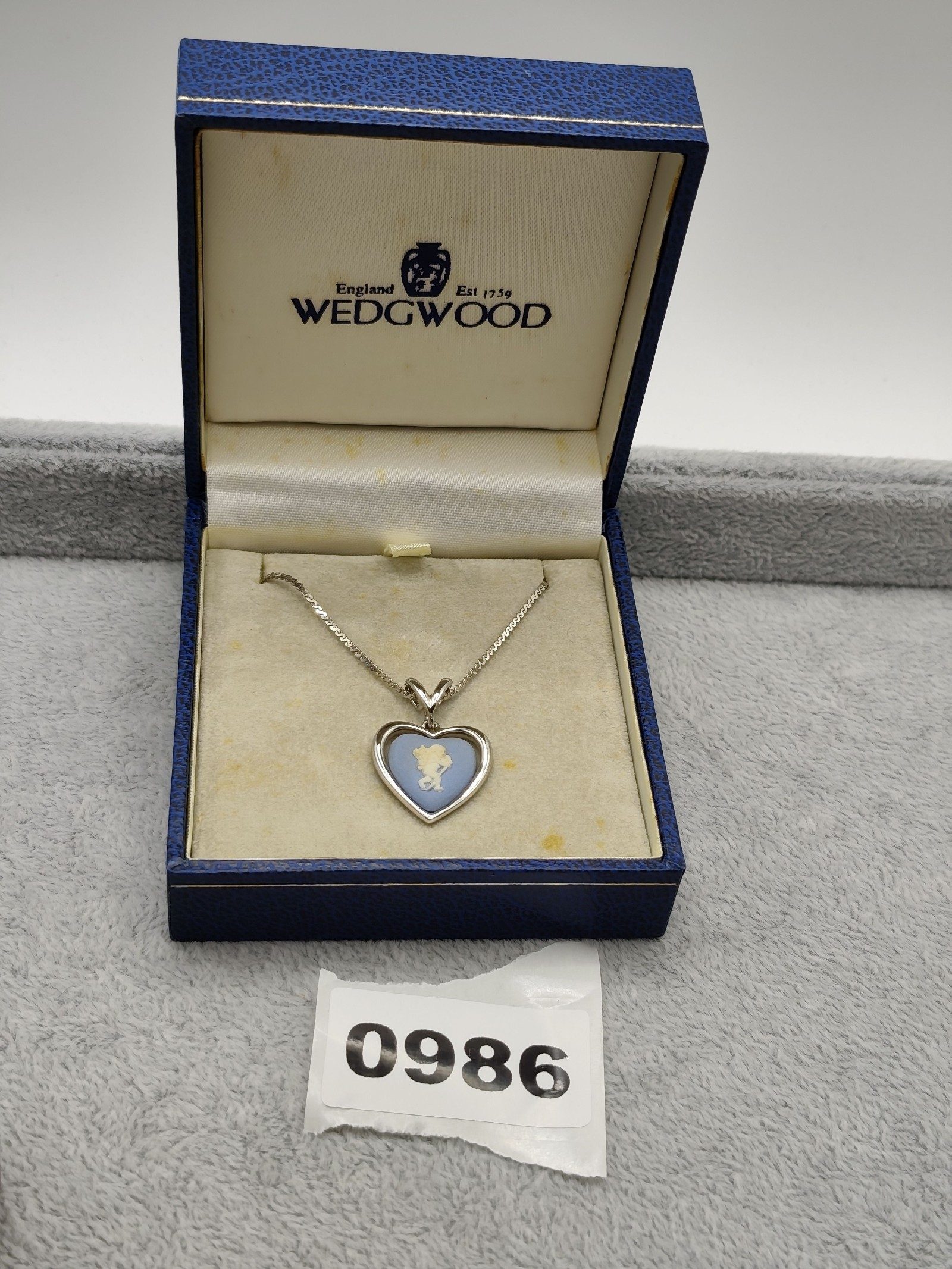 Wedgwood Blue & White Heart Cupid Pendant Necklace in Box