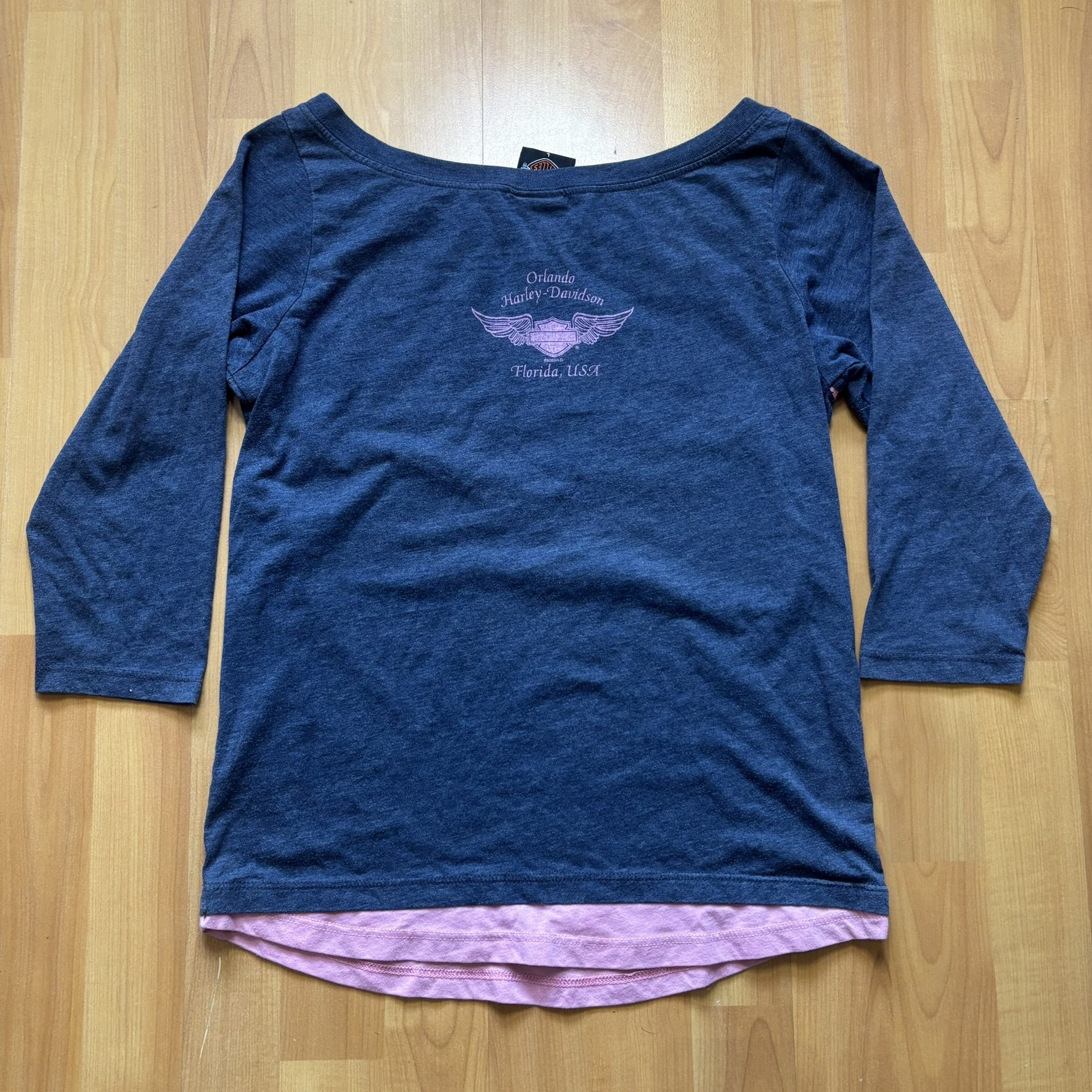 Harley Davidson Orlando Womens 3/4 Sleeve Tee Navy Pink Y2K Tagged L Fits S image 5