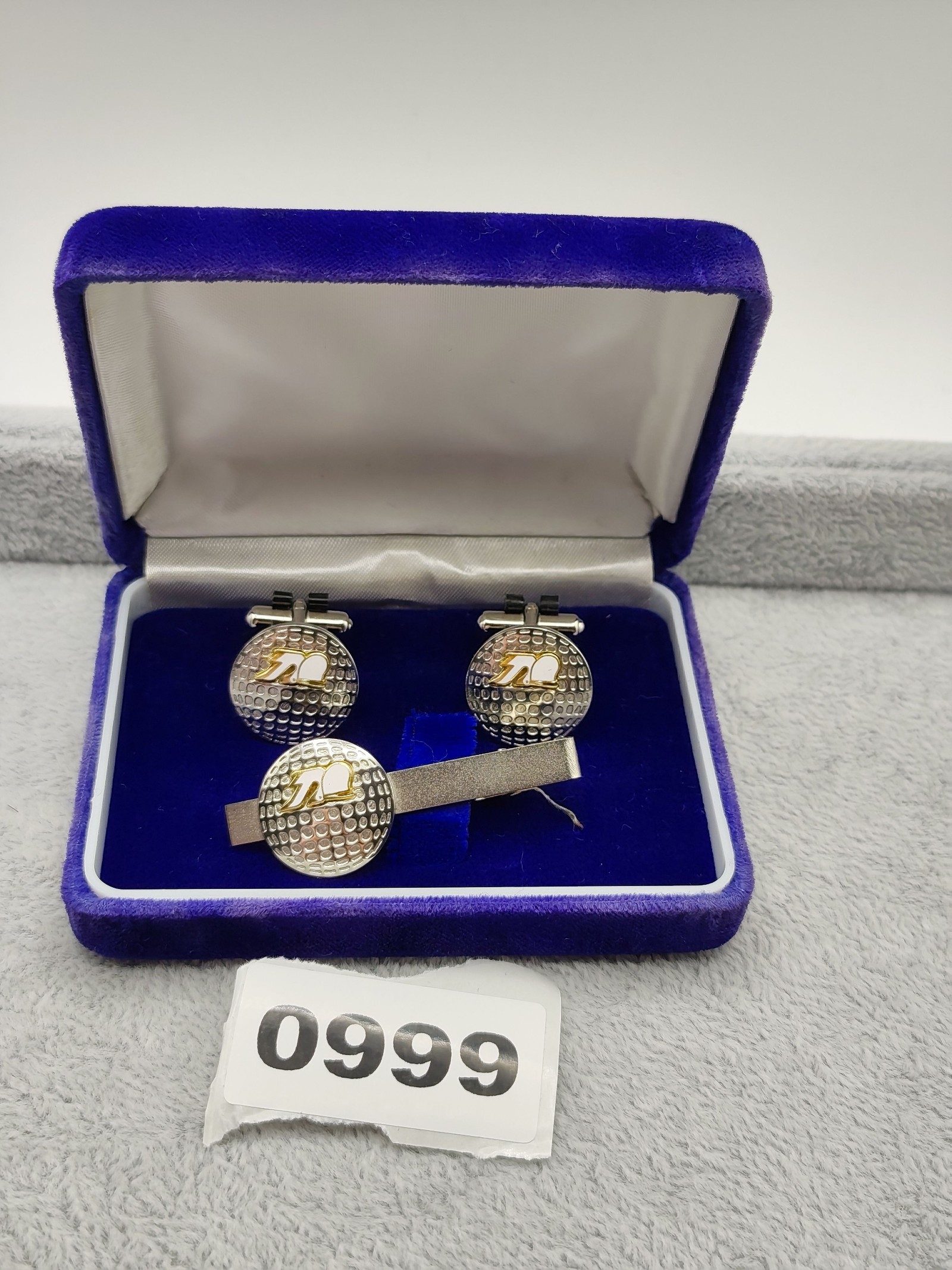 Silver & Gold tone Men's Enamel Golf Ball Cufflinks & Tie Bar Set