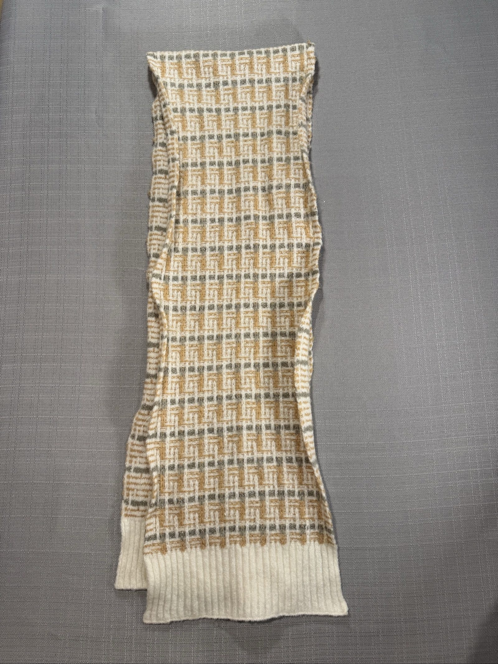 Women's Anne Klein Plaid Knit Scarf – Cream Tan Gray Gold – One Size image 3