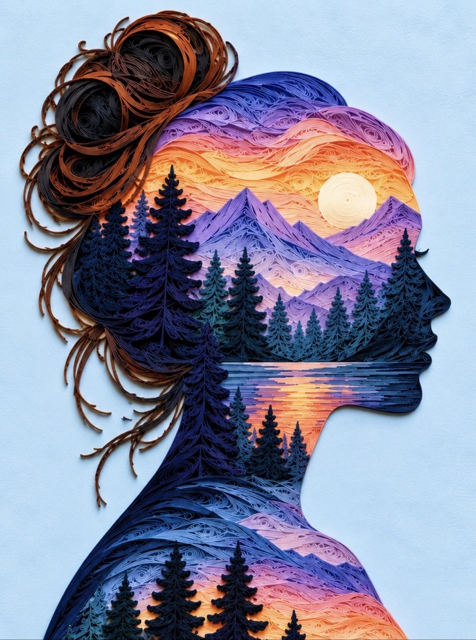 8x10 Framed Mountain Sunset Woman 2D Art Print – Nature Quill Style