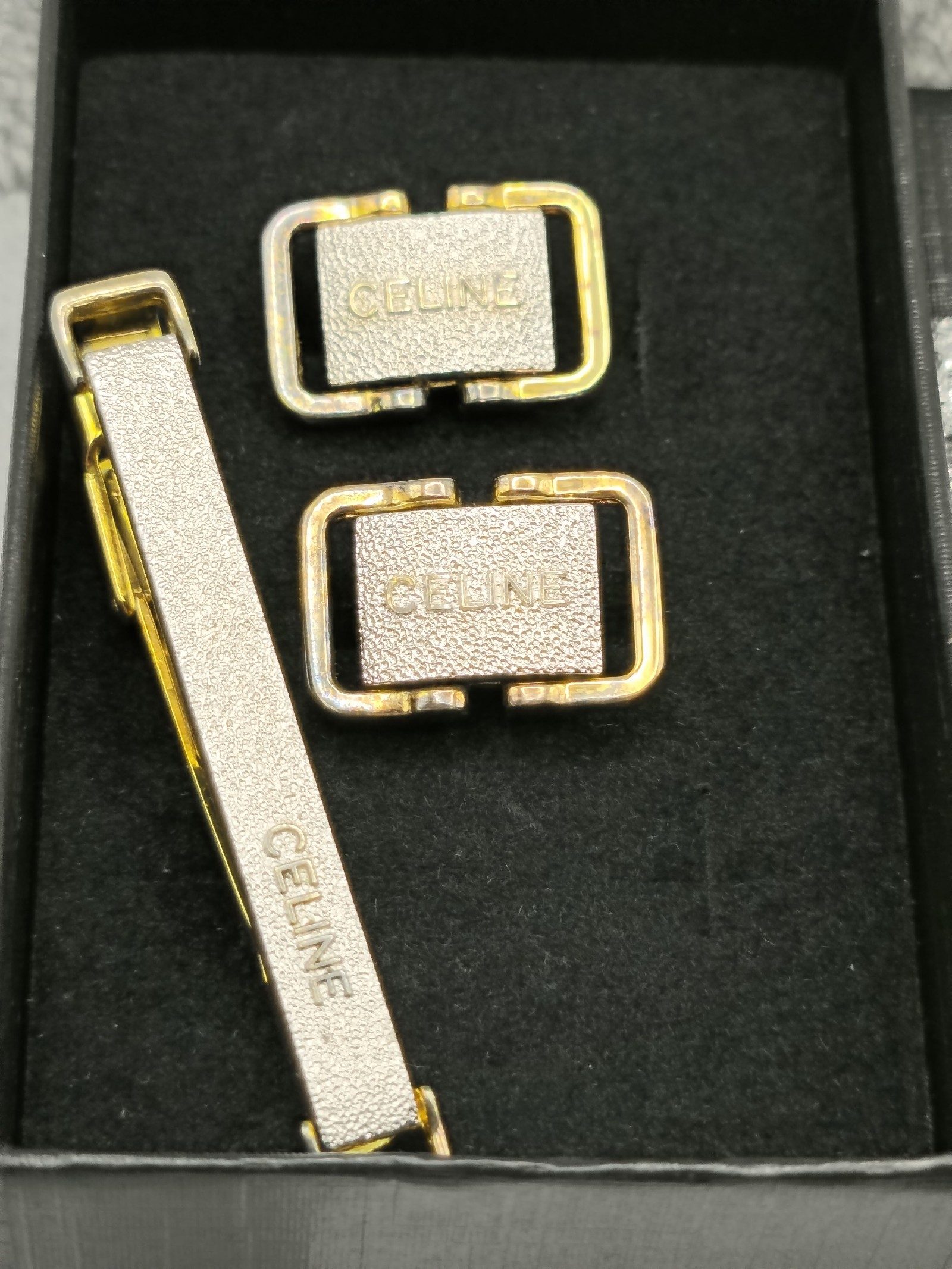 CELINE 925 Silver & Gold tone Cufflinks & Tie Clip Set image 2