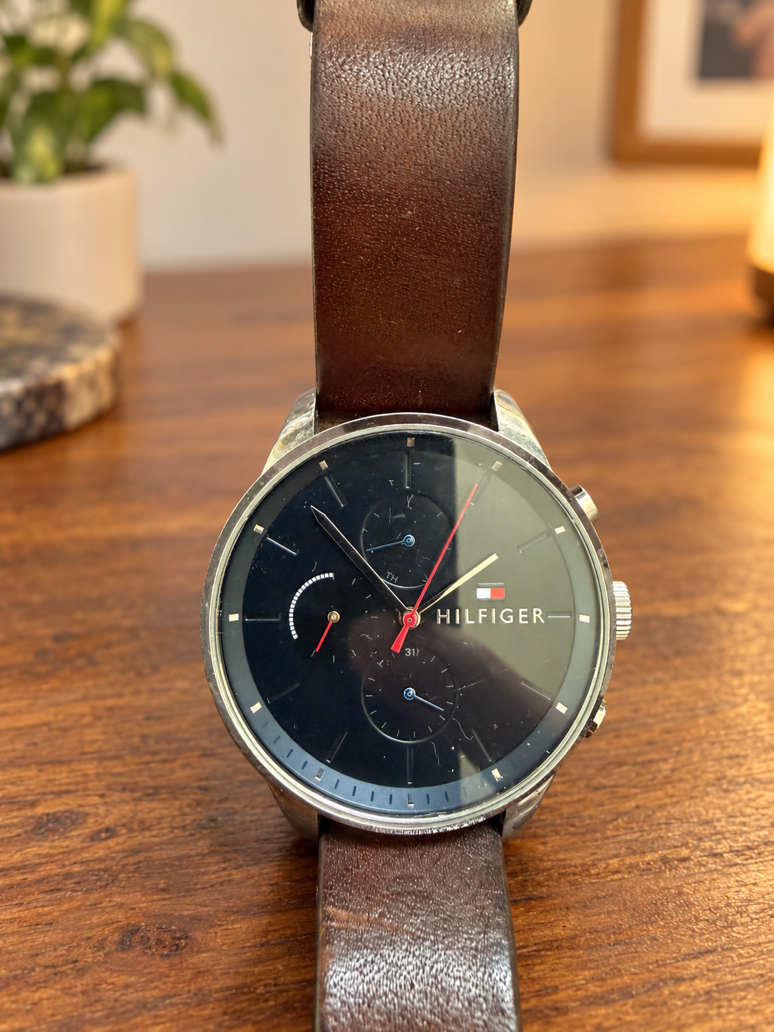 Tommy Hilfiger Men's Brown Leather Strap Watch Black Dial