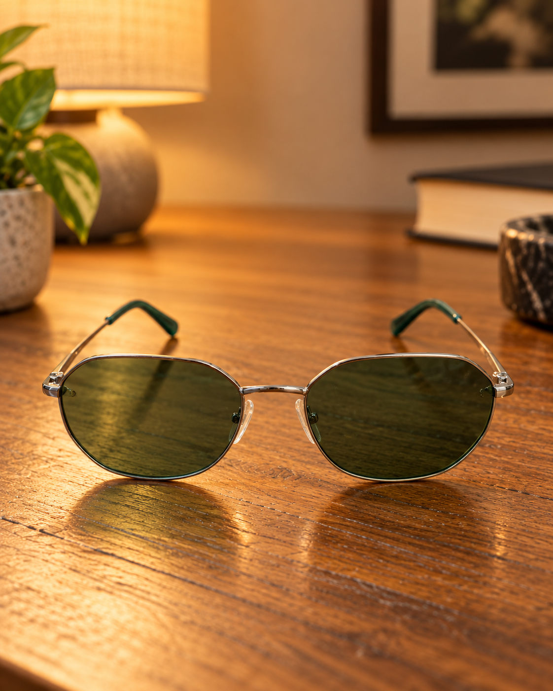 Vintage Silver Frame Green Lens Oval Sunglasses Unisex