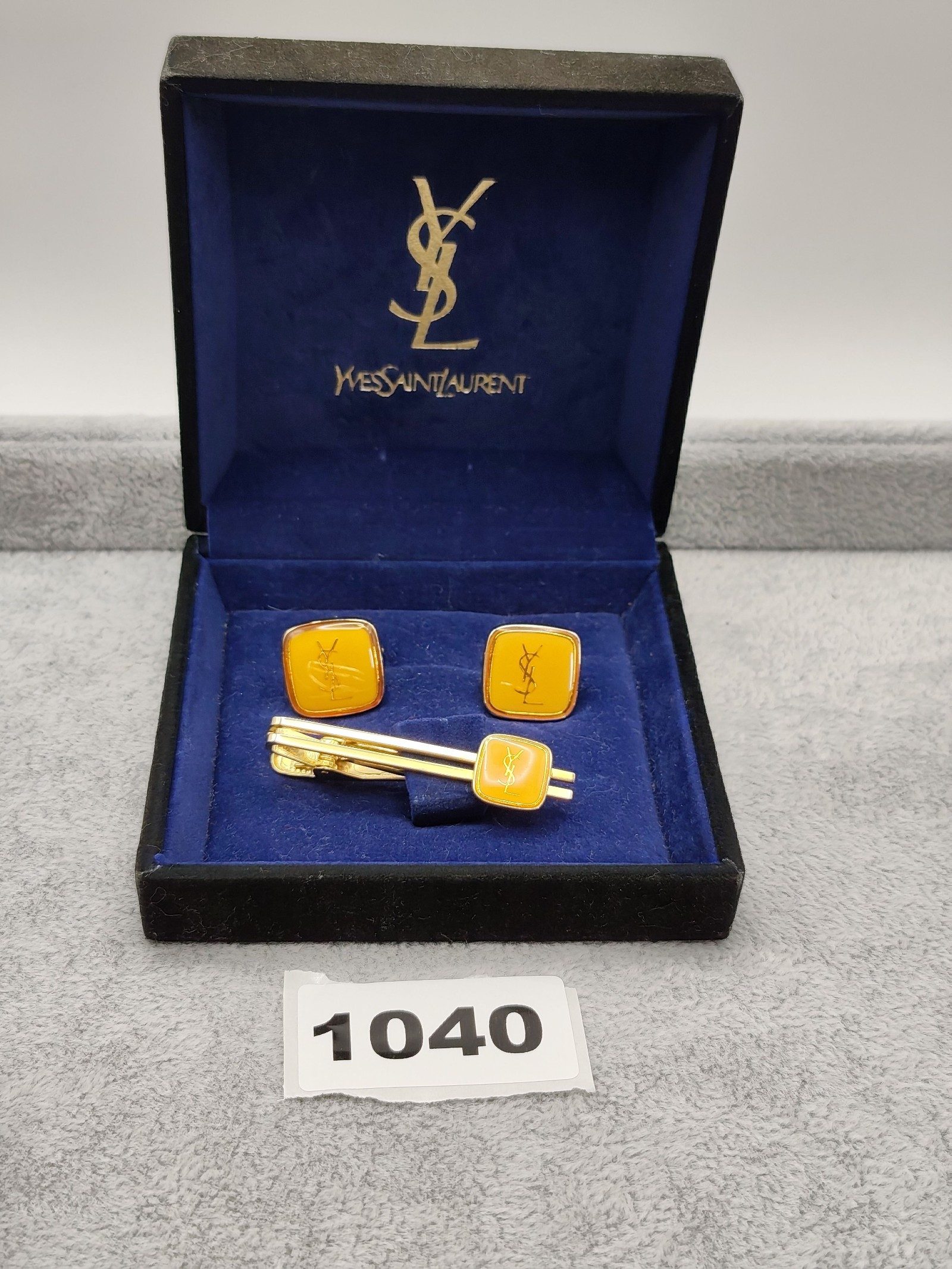 Yves Saint Laurent Yellow Enamel Cufflinks & Tie Clip Set