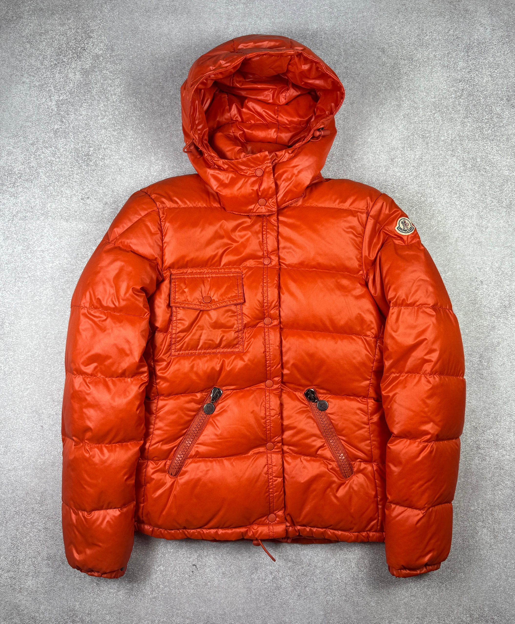 Women`s Moncler Berengere Orange Hooded Puffer Down Jacket Size 2 / M