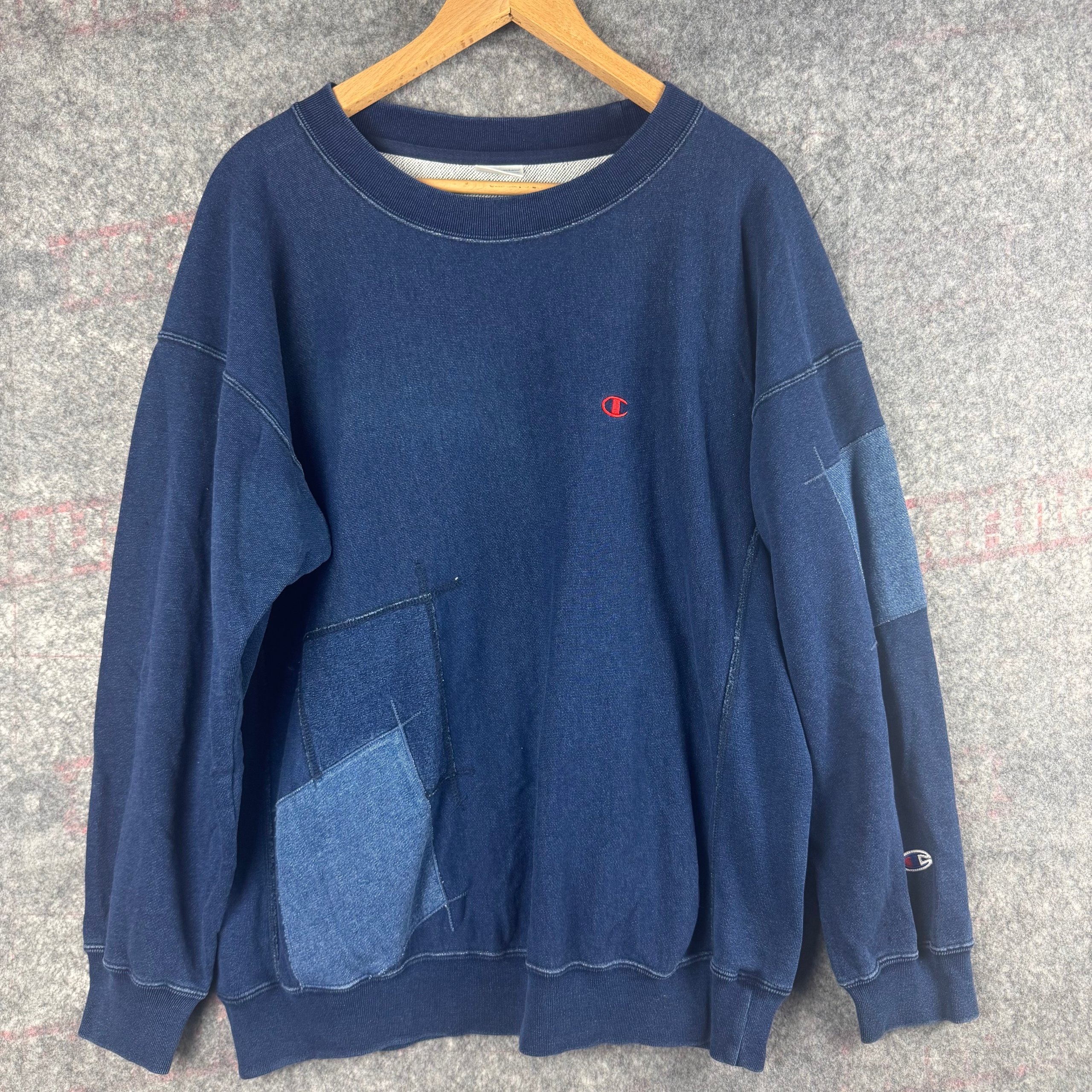 Champion Navy Reverse Weave Patchwork Crewneck Sweatshirt Large
