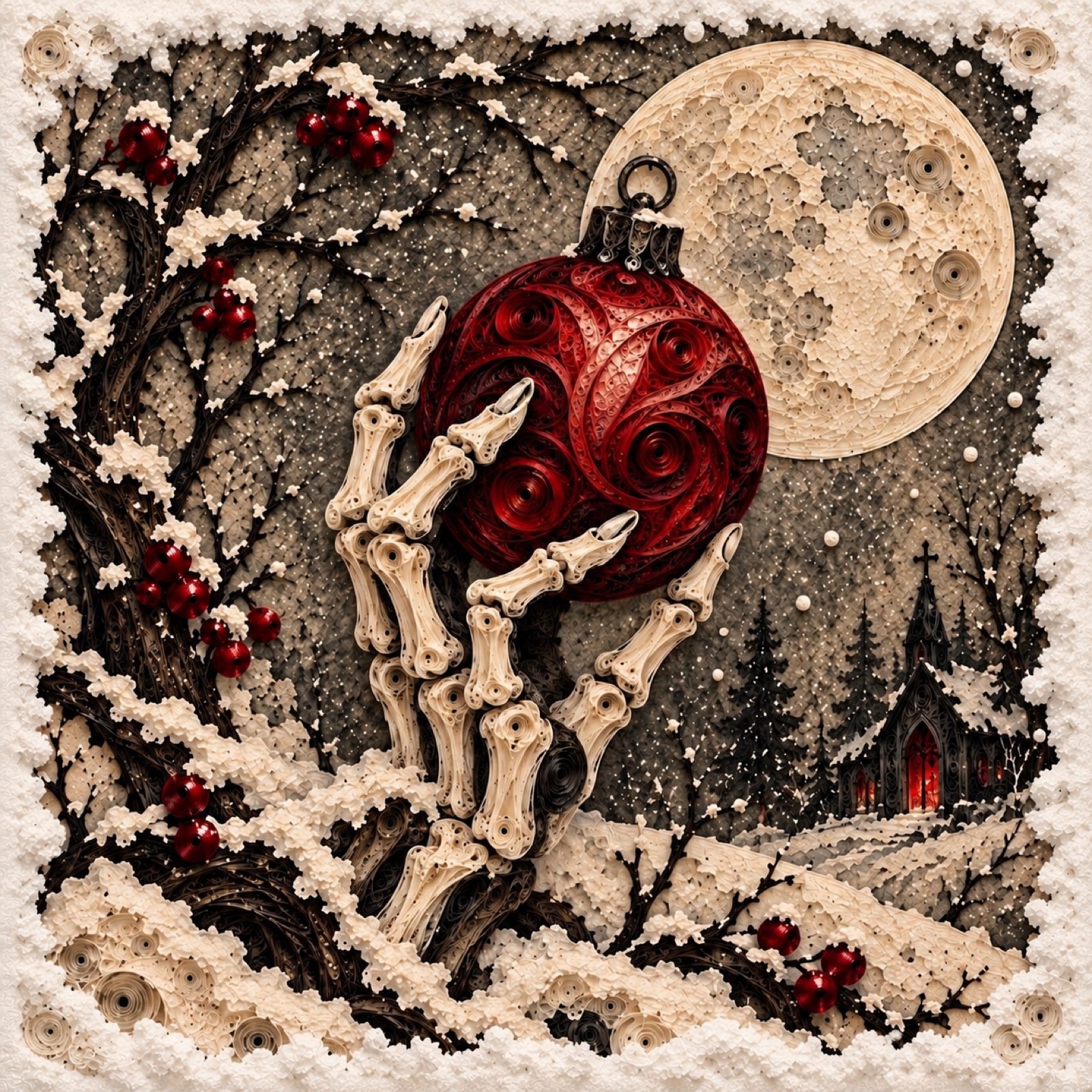 8x8 Framed 2D Art Print – Eternal Winter Rose | Gothic Skeleton Hand & Red Rose
