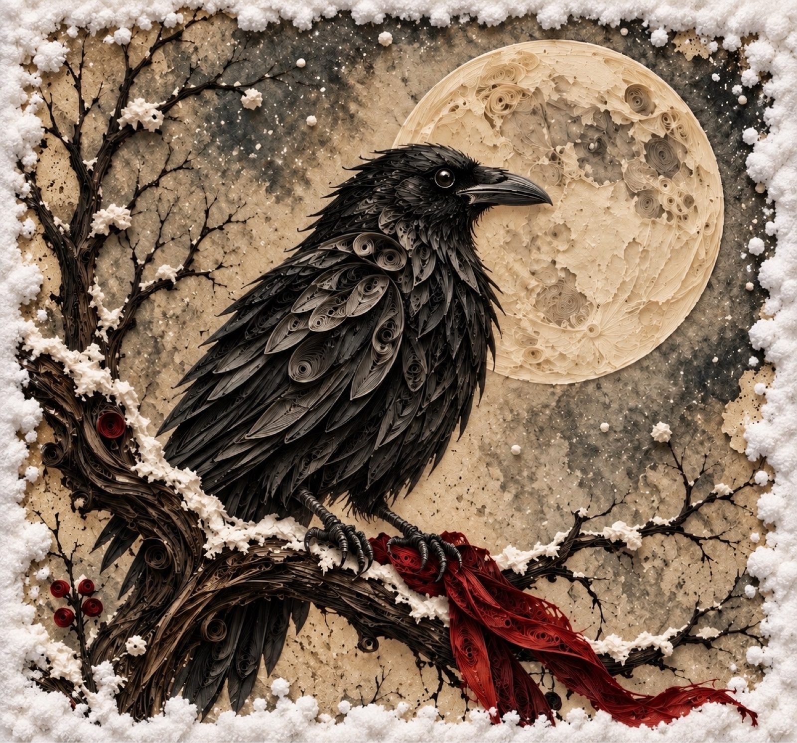 8x8 Framed 2D Art Print – Winter’s Raven | Gothic Black Raven & Red Ribbon