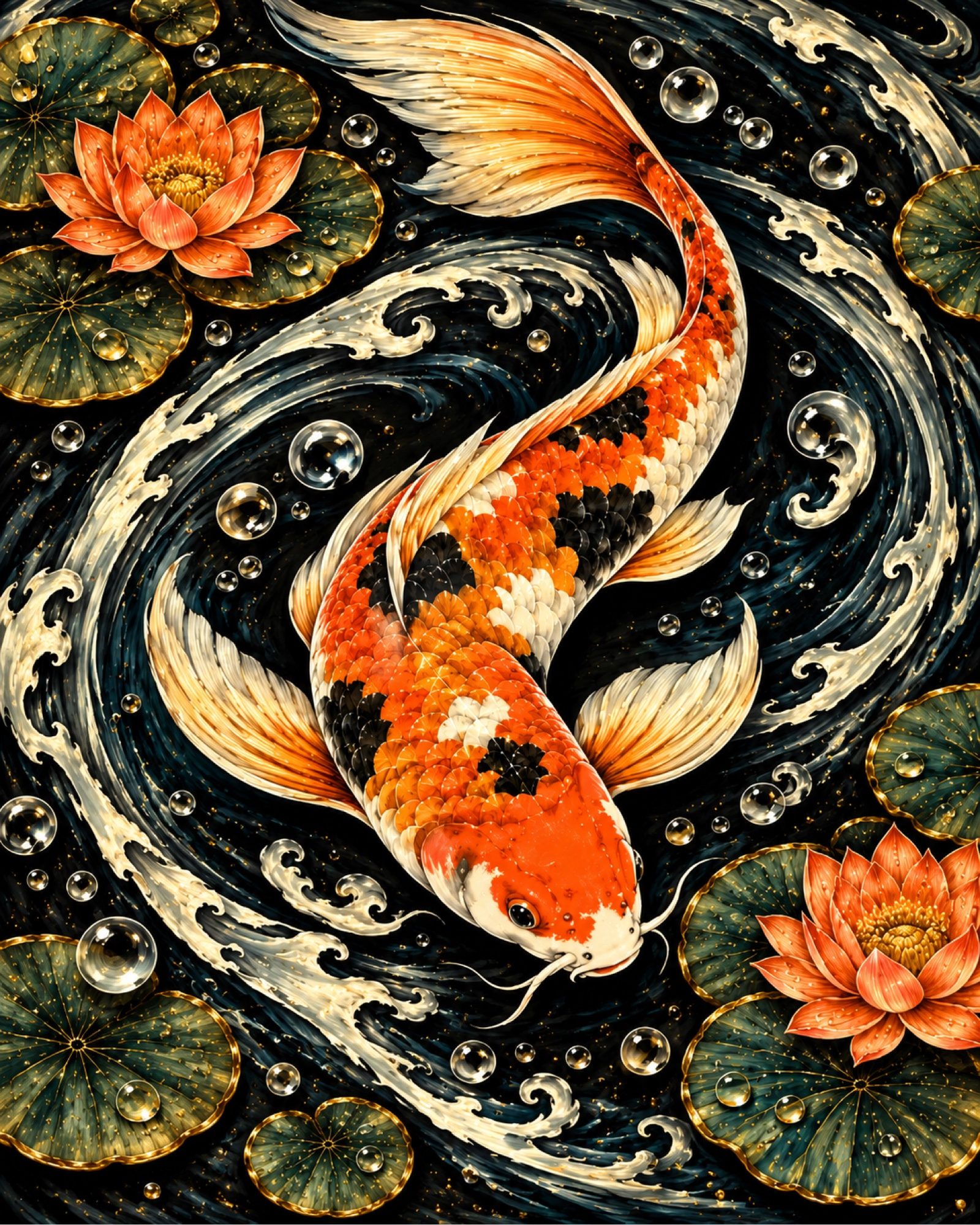 8x10 Framed Japanese Koi Fish Art Print – Orange Lotus Pond Wall Decor