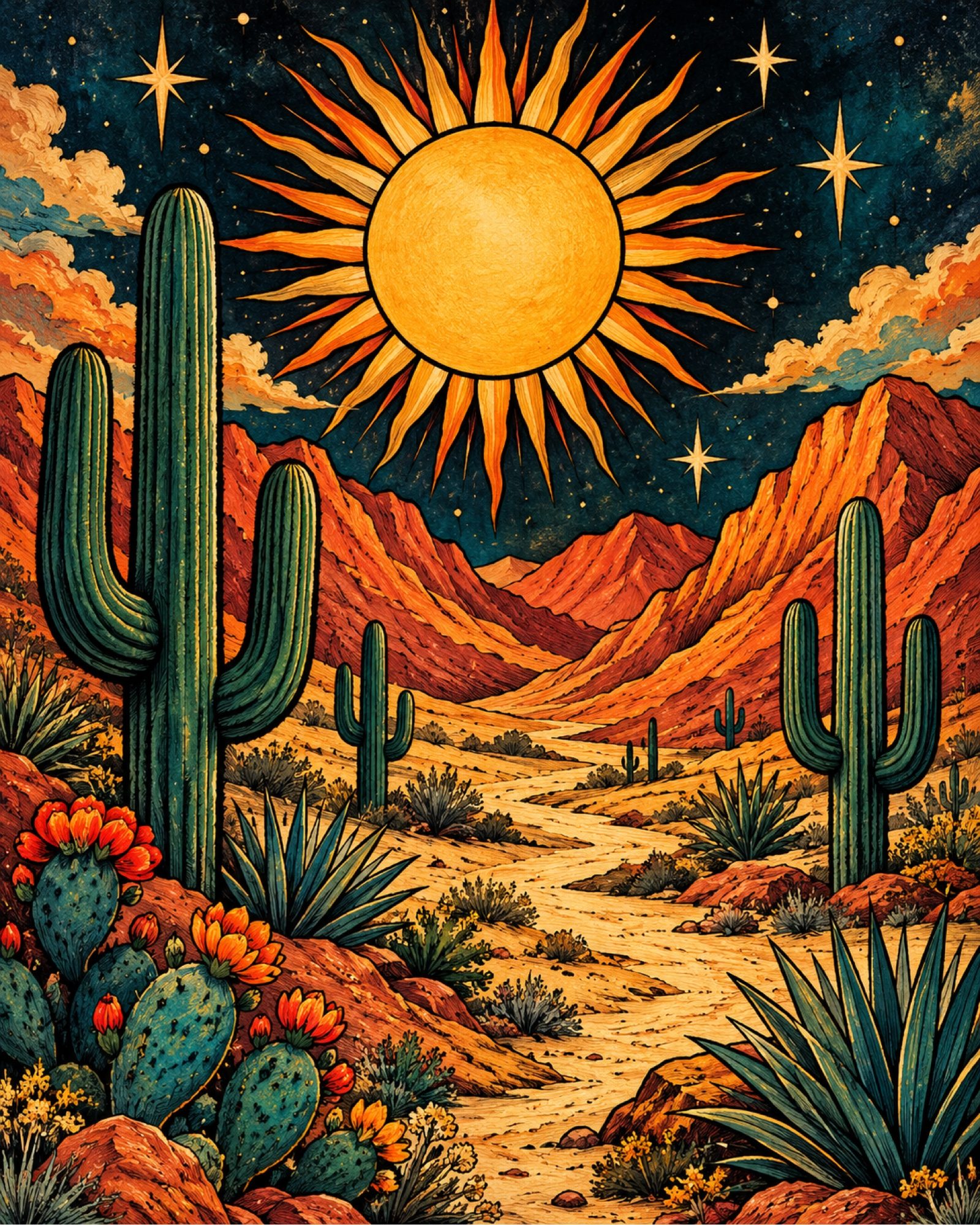 8x10 Framed Southwest Desert Art Print – Golden Sun & Cactus Wall Decor