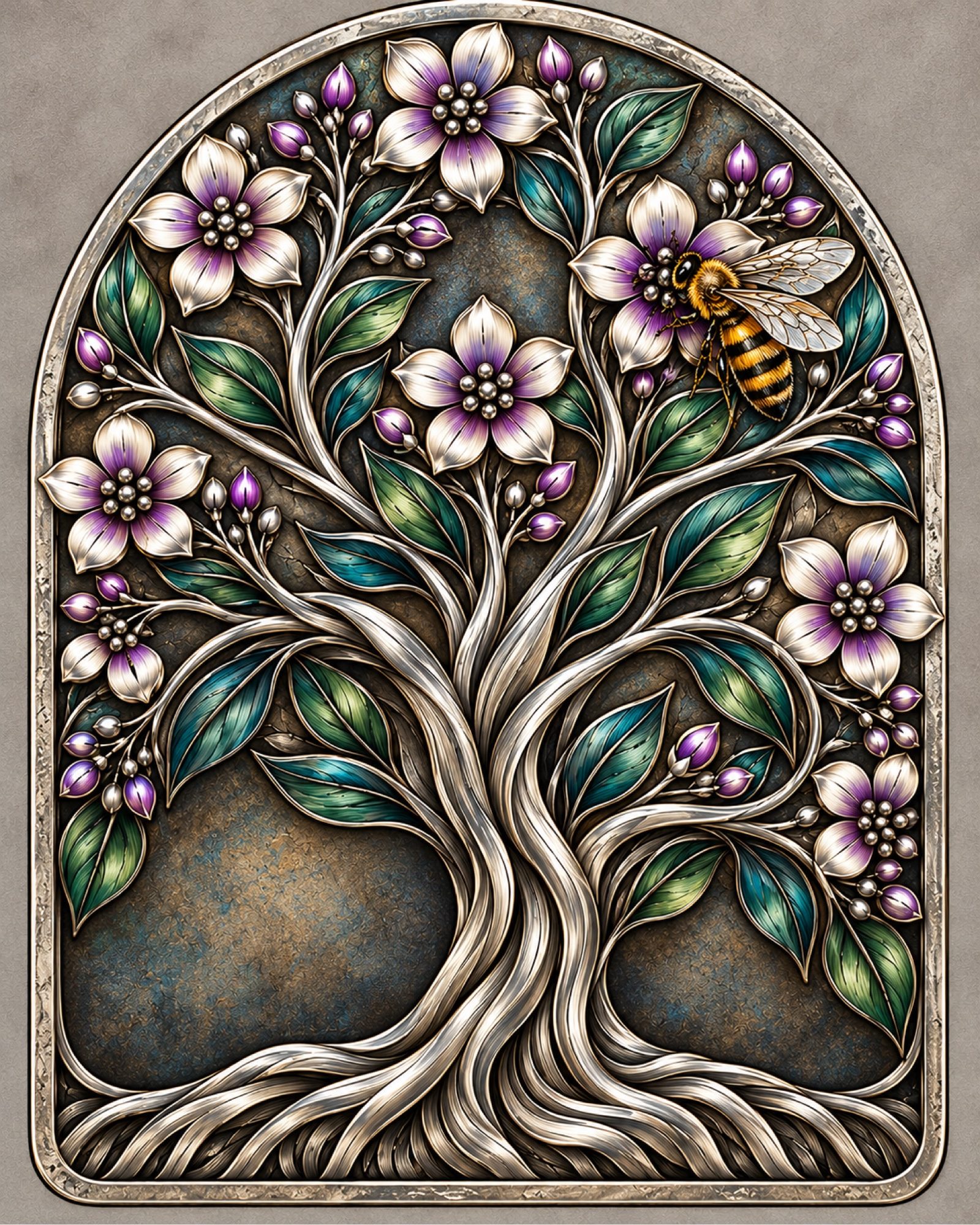 8x10 Framed Silver Tree of Life Art Print – Purple Floral Bee Wall Decor