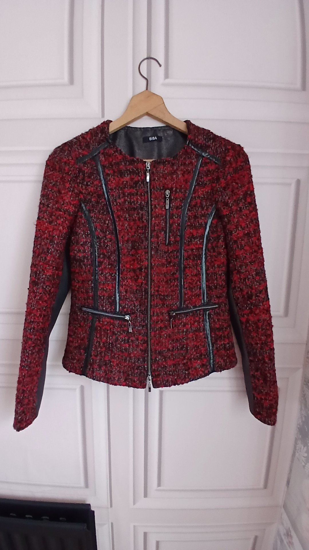 BIBA Red Tweed Zip Jacket Faux Leather Trim UK 8