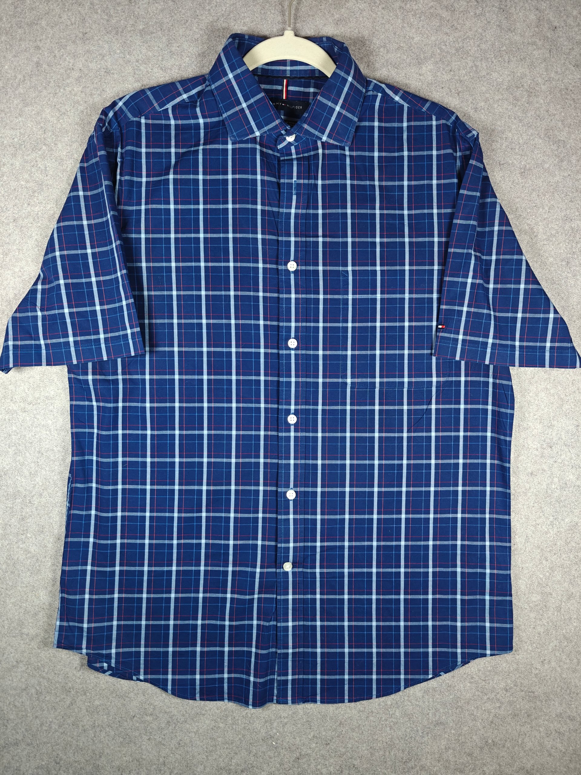 Tommy Hilfiger Mens L Navy Blue Red Check Short Sleeve Shirt Regular Fit