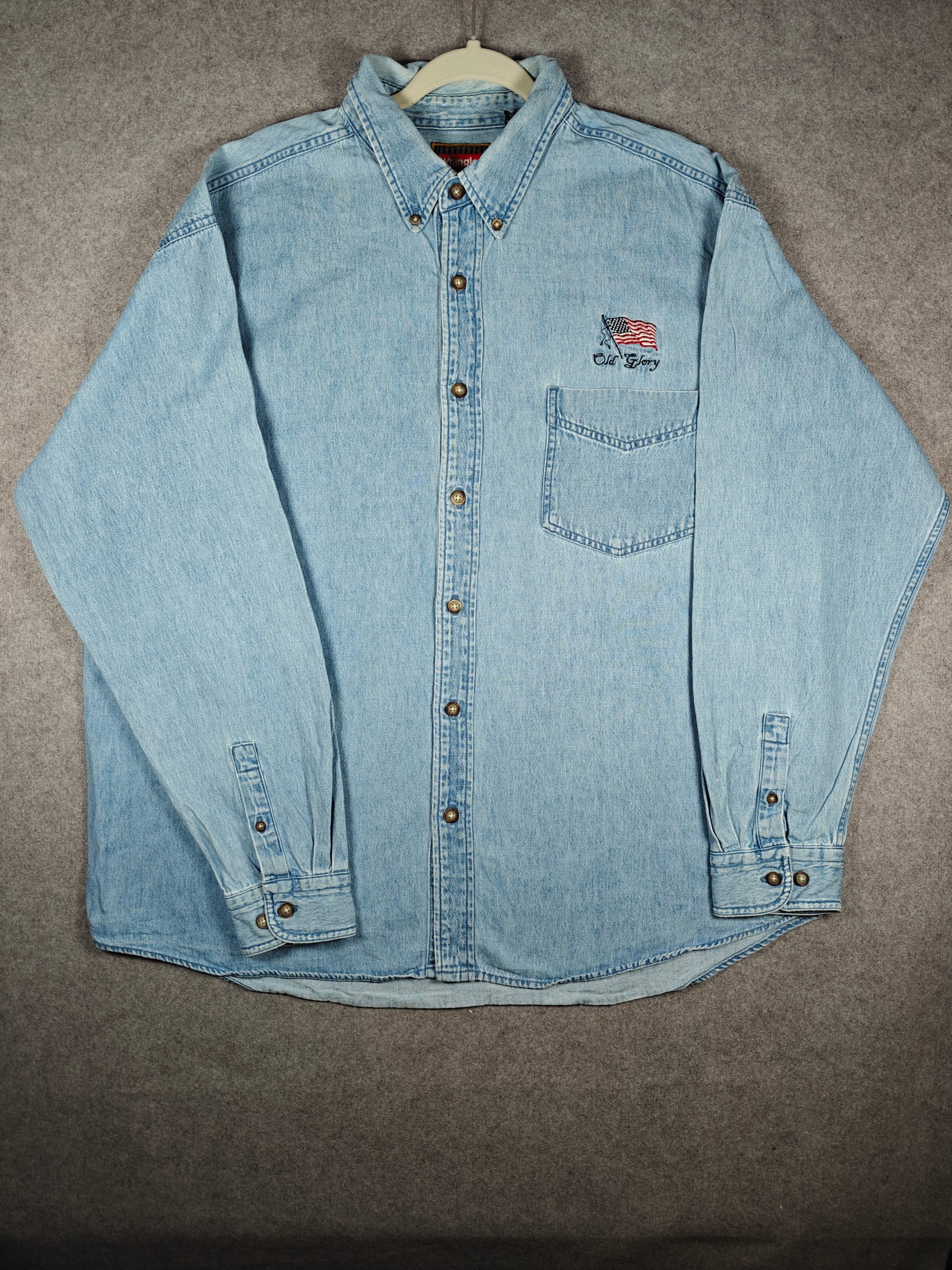 Wrangler Hero Denim Shirt Mens XL Blue Wash Old Glory USA Embroidered