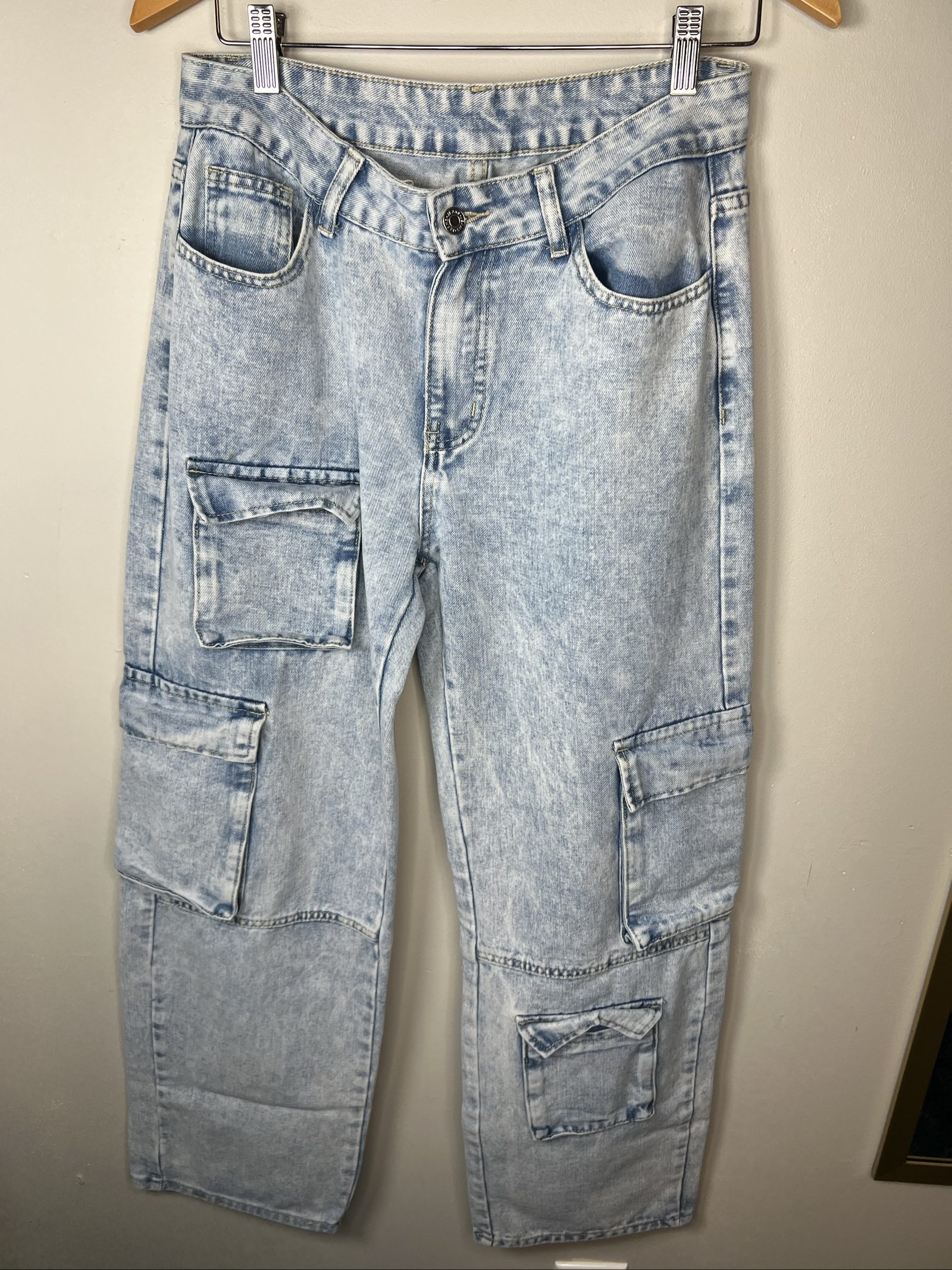 SHEIN Light Blue Acid Wash Cargo Jeans Size 28