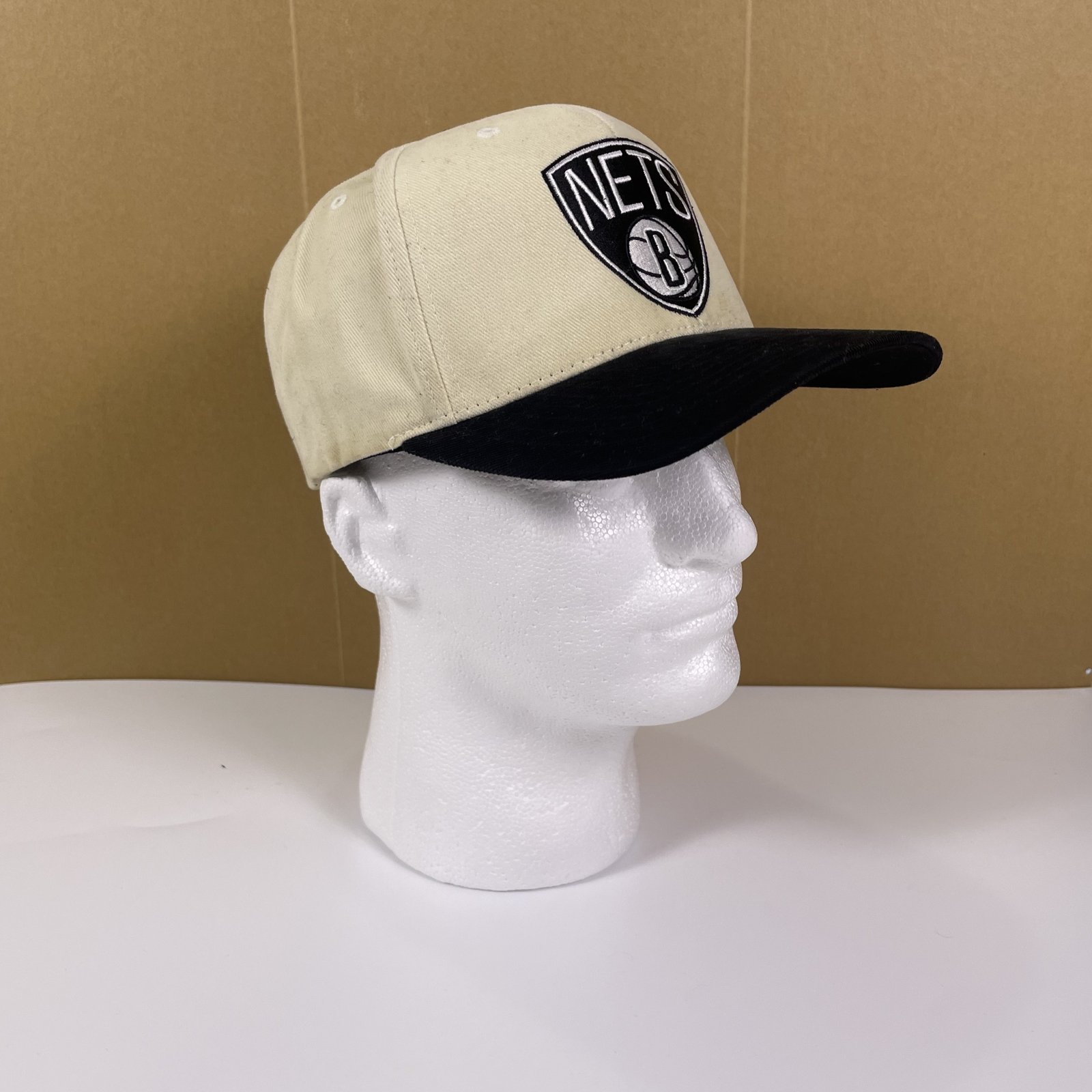 Mitchell & Ness Brooklyn Nets Snapback Hat Cream Black Logo Cap image 2