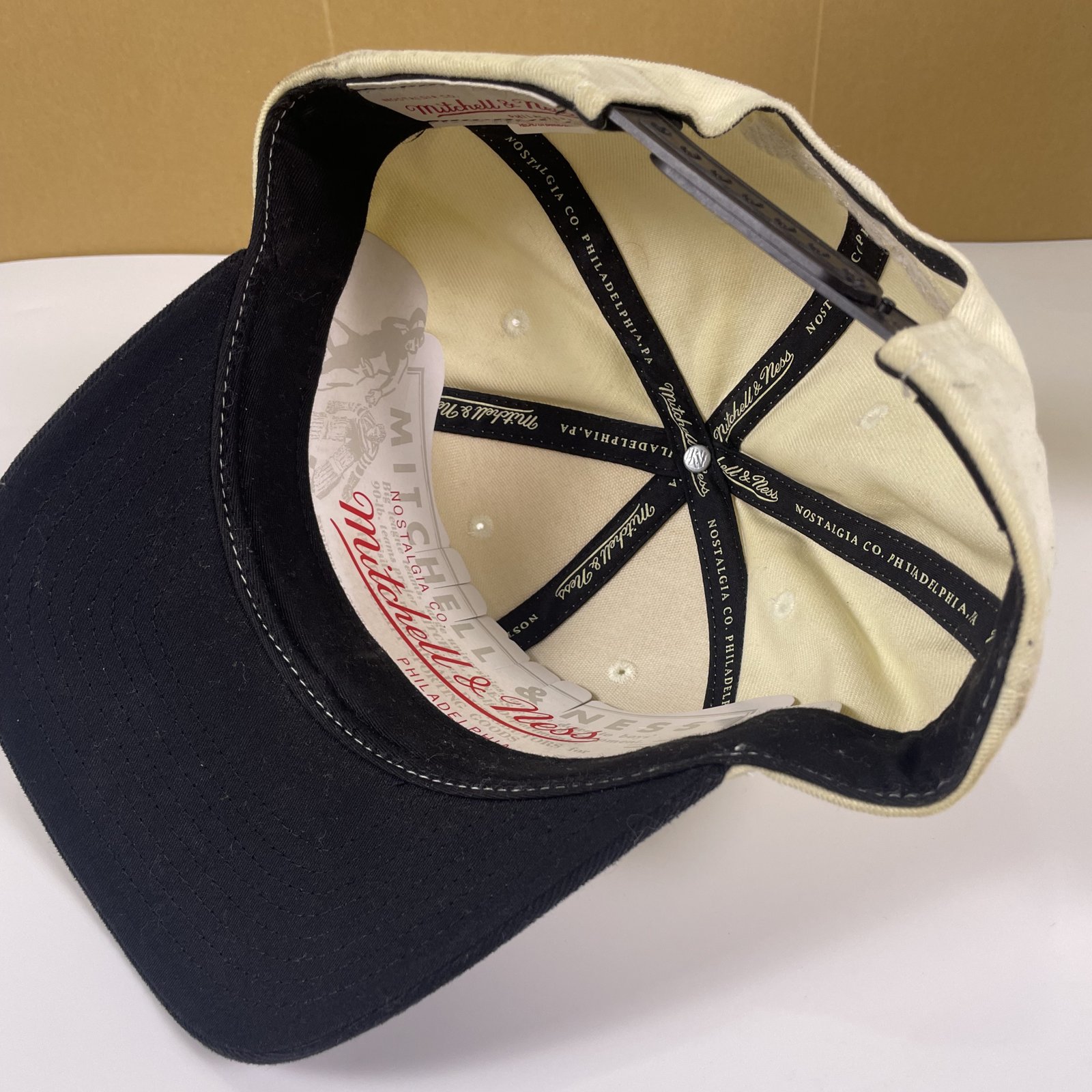Mitchell & Ness Brooklyn Nets Snapback Hat Cream Black Logo Cap image 5