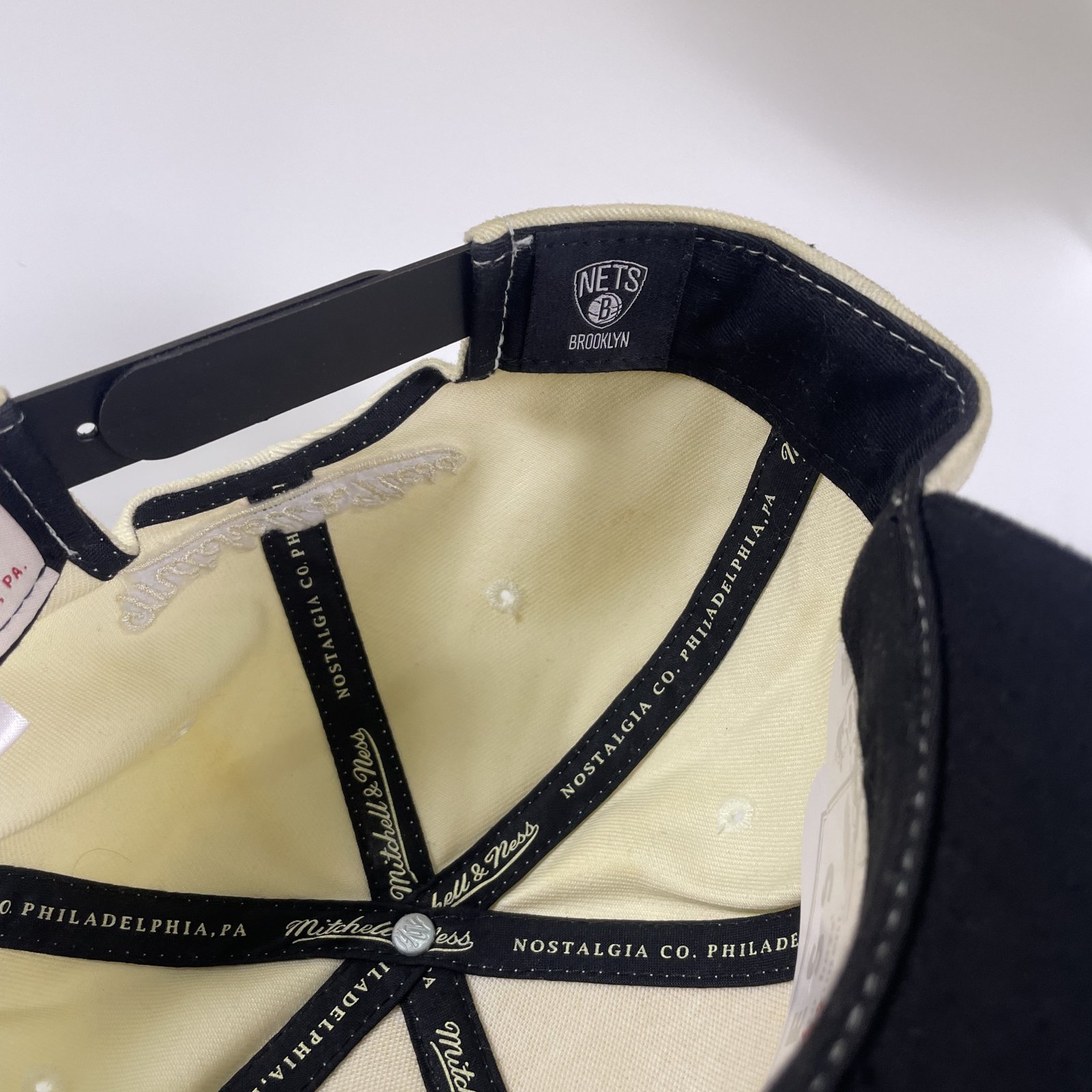Mitchell & Ness Brooklyn Nets Snapback Hat Cream Black Logo Cap image 8