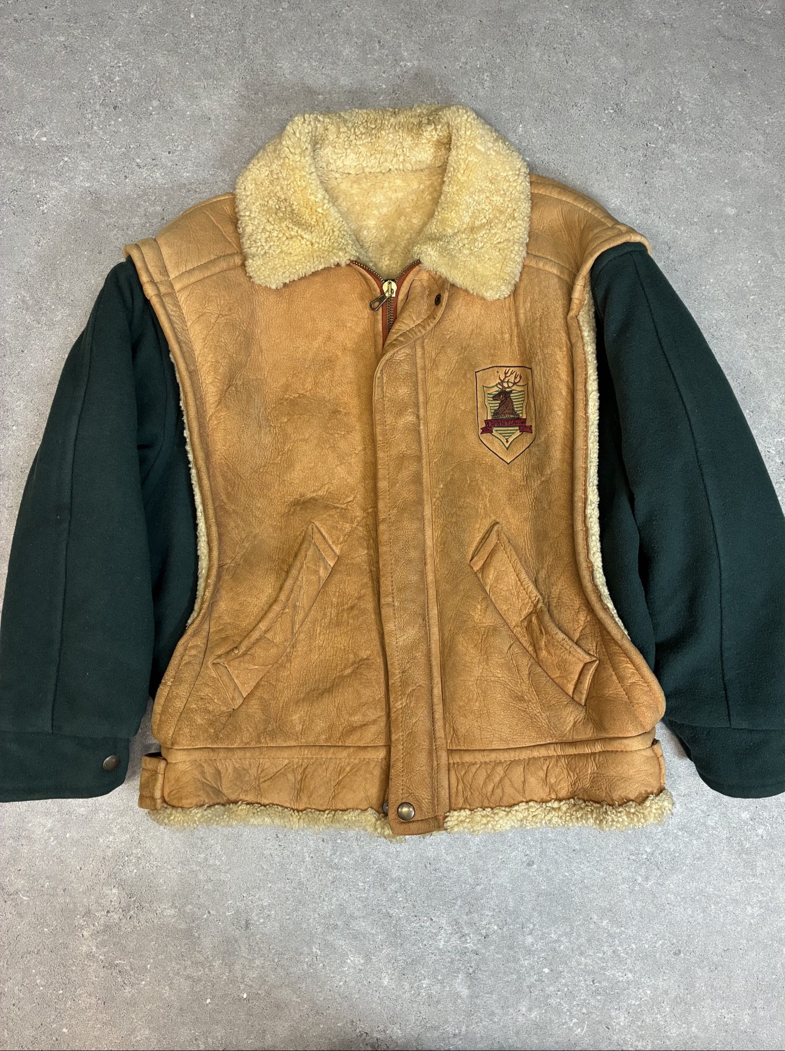 Vintage Brown Shearling Leather & Green Wool insulated Jacket large