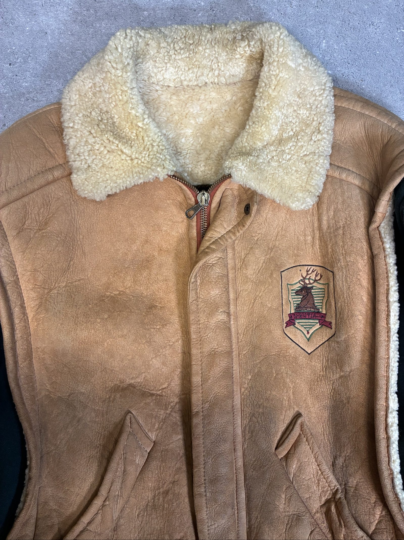 Vintage Brown Shearling Leather & Green Wool insulated Jacket large image 2