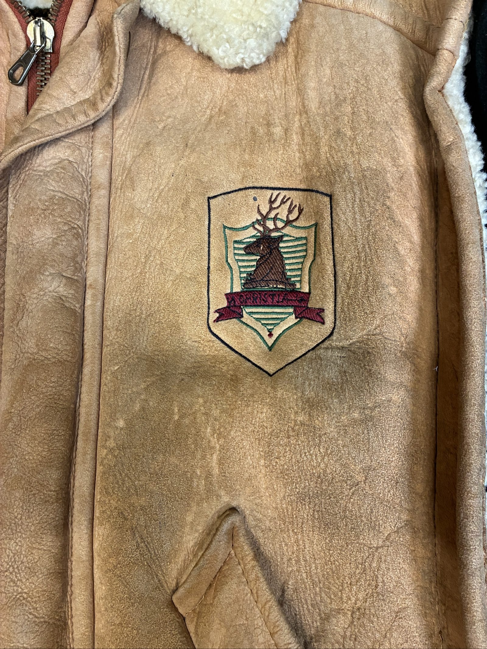 Vintage Brown Shearling Leather & Green Wool insulated Jacket large image 3