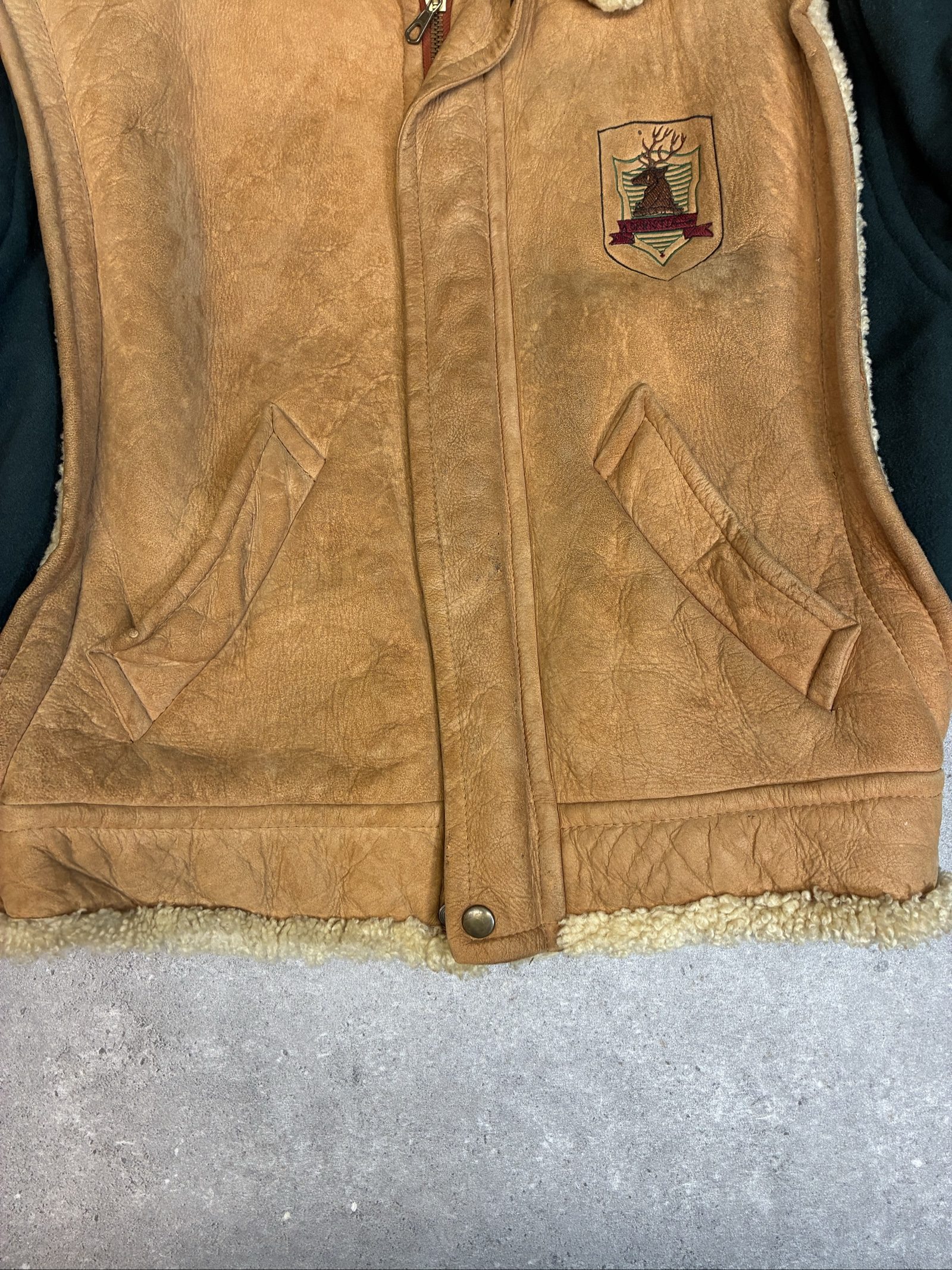 Vintage Brown Shearling Leather & Green Wool insulated Jacket large image 4
