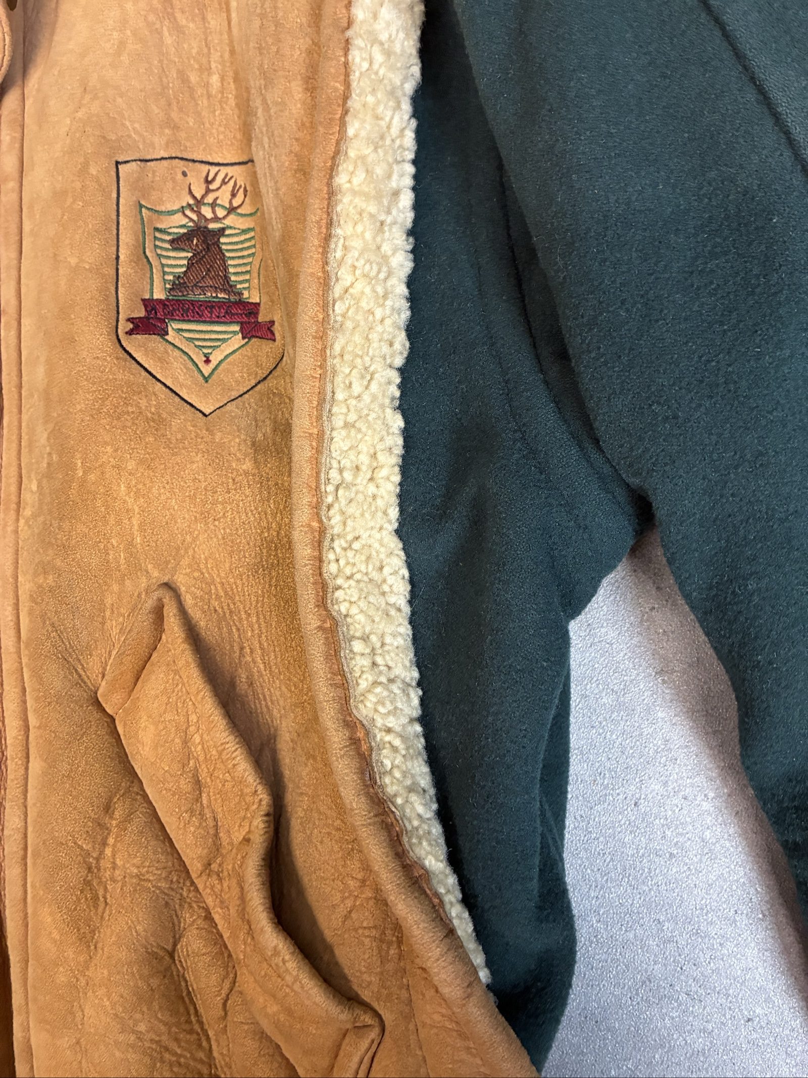 Vintage Brown Shearling Leather & Green Wool insulated Jacket large image 5