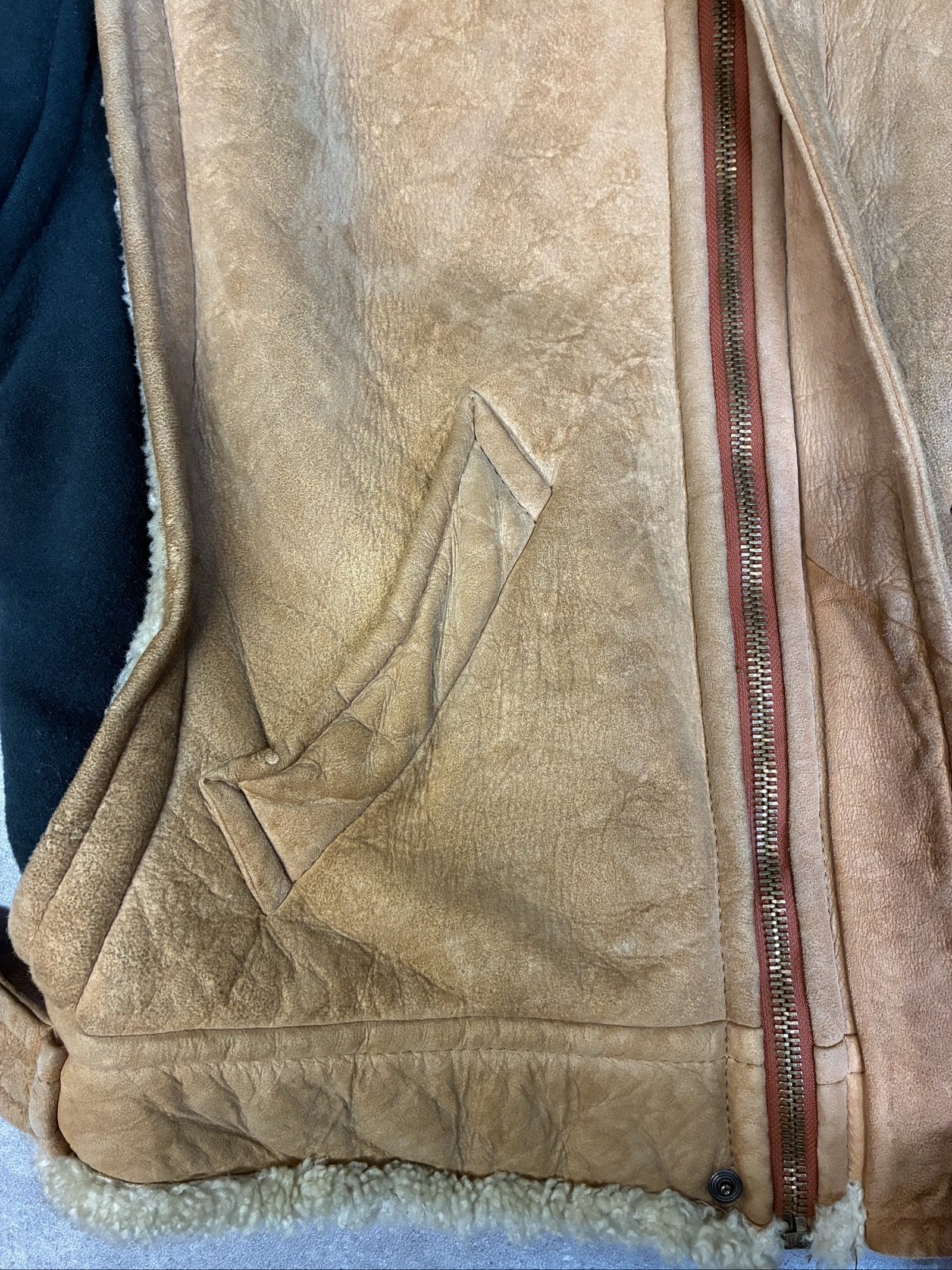 Vintage Brown Shearling Leather & Green Wool insulated Jacket large image 6