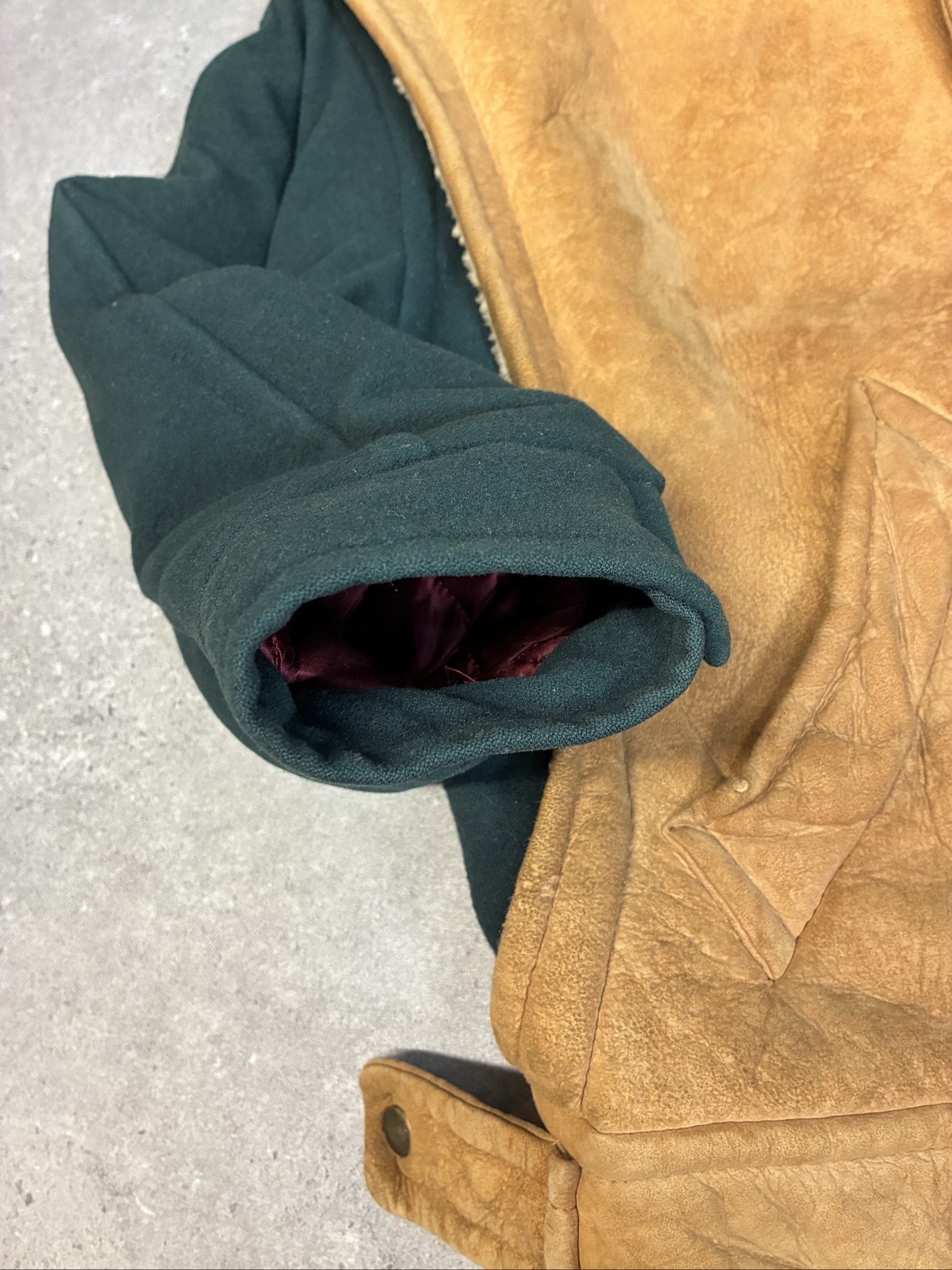Vintage Brown Shearling Leather & Green Wool insulated Jacket large image 7