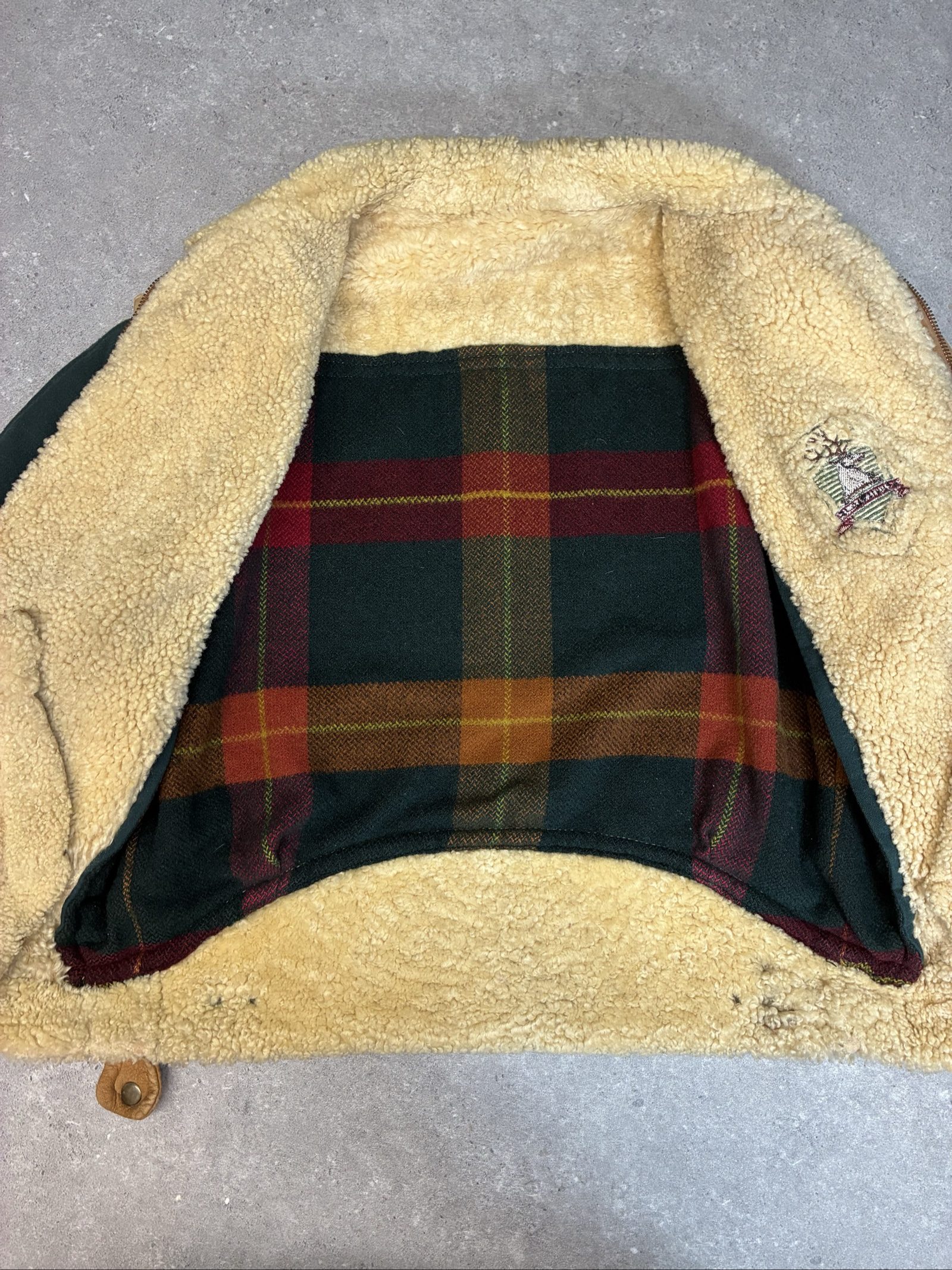 Vintage Brown Shearling Leather & Green Wool insulated Jacket large image 8