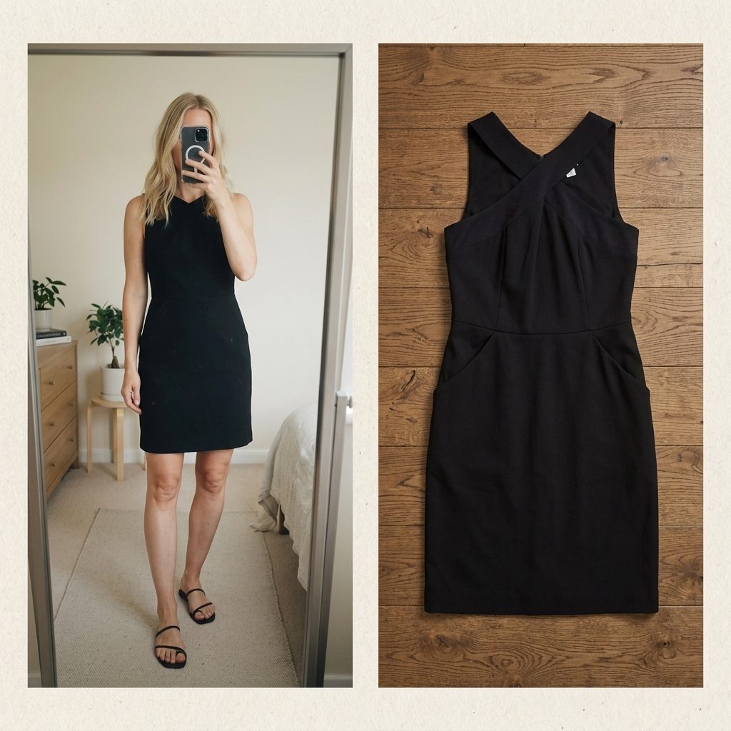 DKNY designer Black Sleeveless Dress, Cross Front Detail Keyhole & Back Zipper