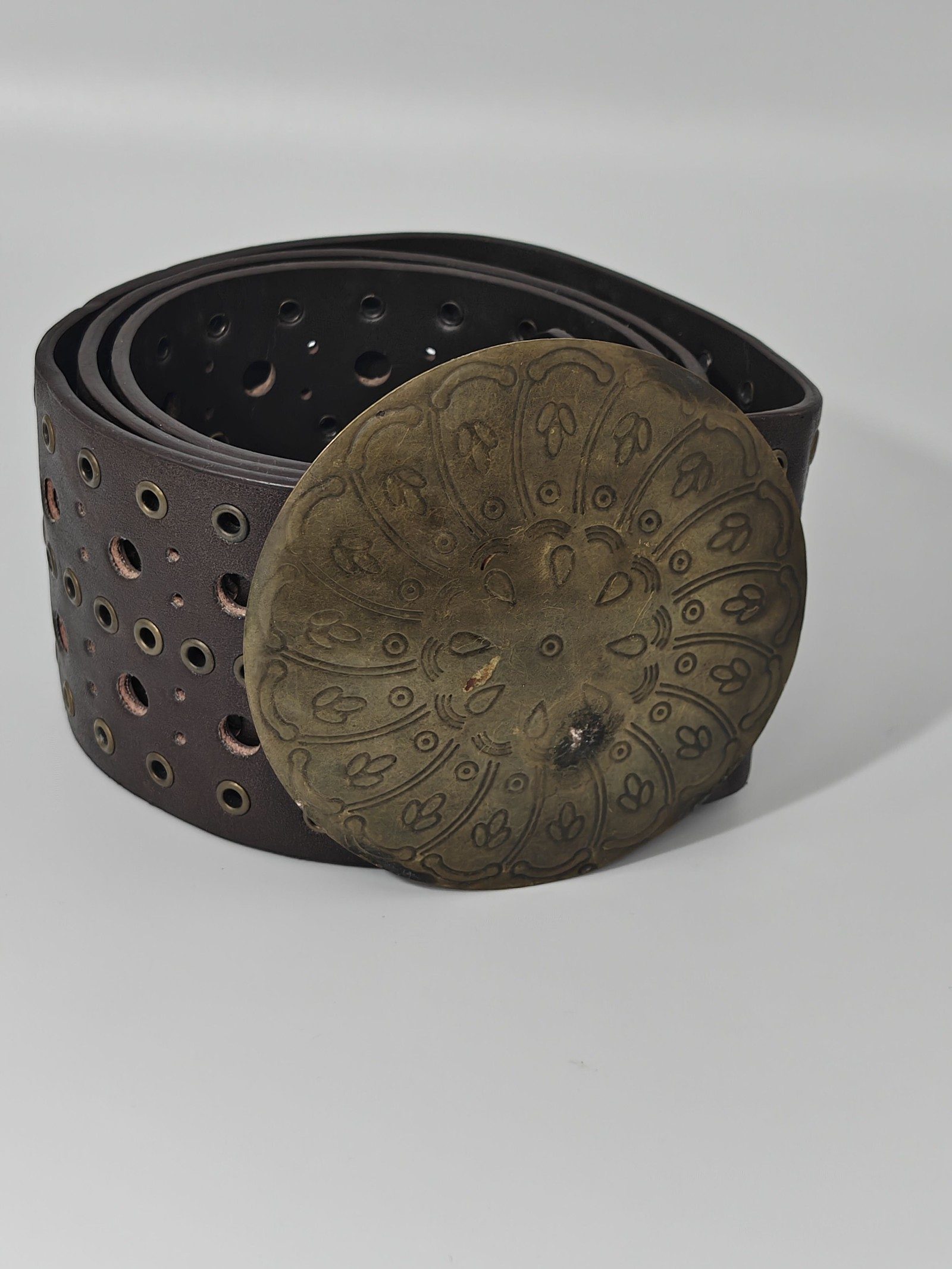 Brown Leather Belt with Large Decorative Brass Buckle One Size