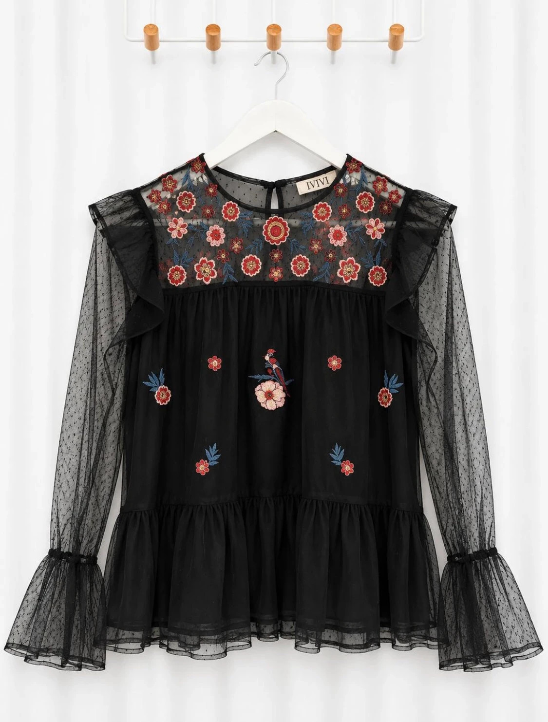 IVIVI blouse noire tulle brodé fleurs multicolores volants S style années 2010