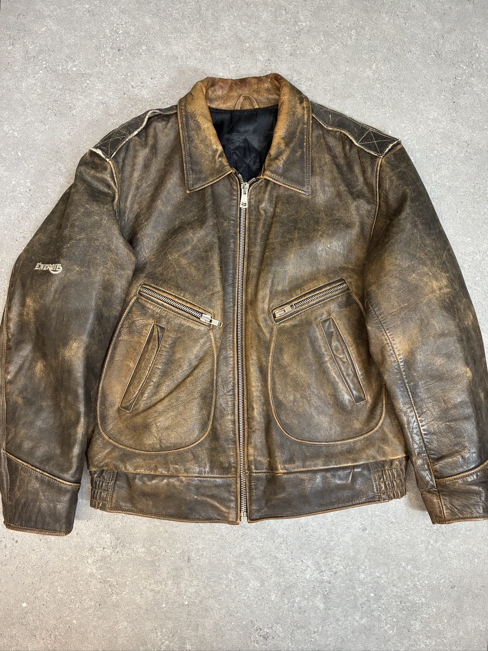 Vintage Energie Brown Distressed Leather Biker Jacket Zip Up 90s Y2K XL