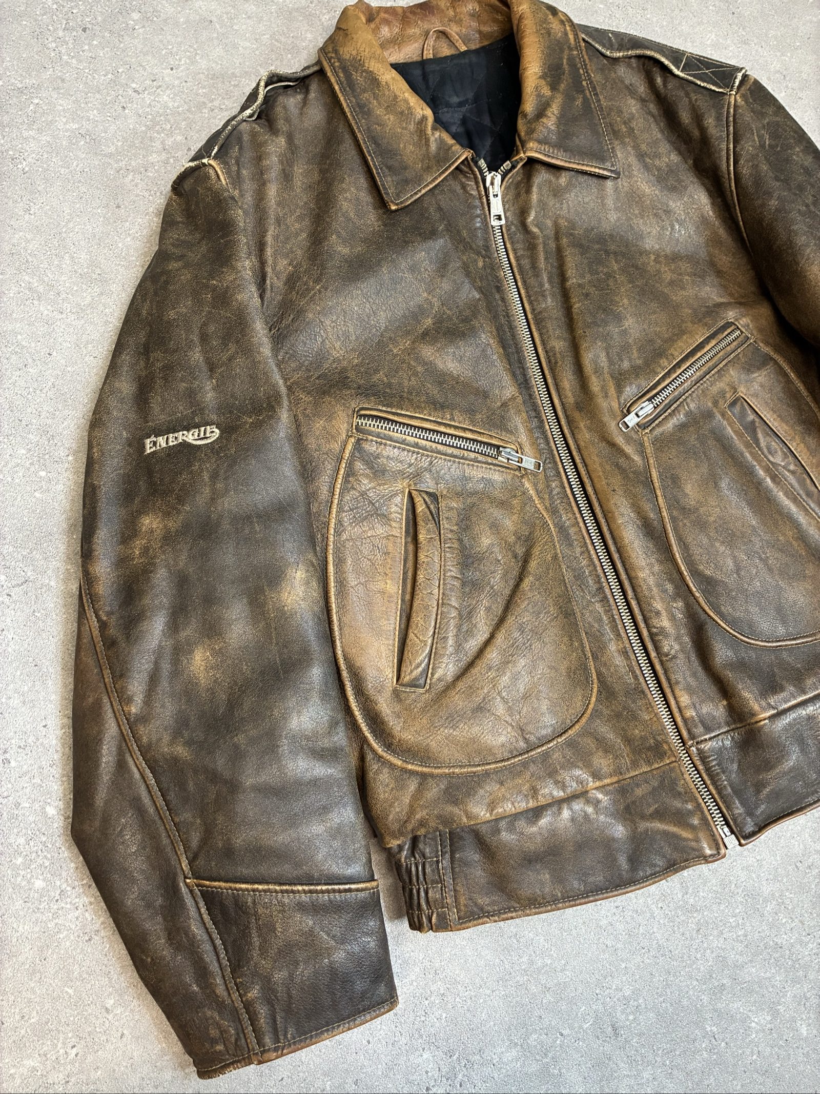Vintage Energie Brown Distressed Leather Biker Jacket Zip Up 90s Y2K XL image 2