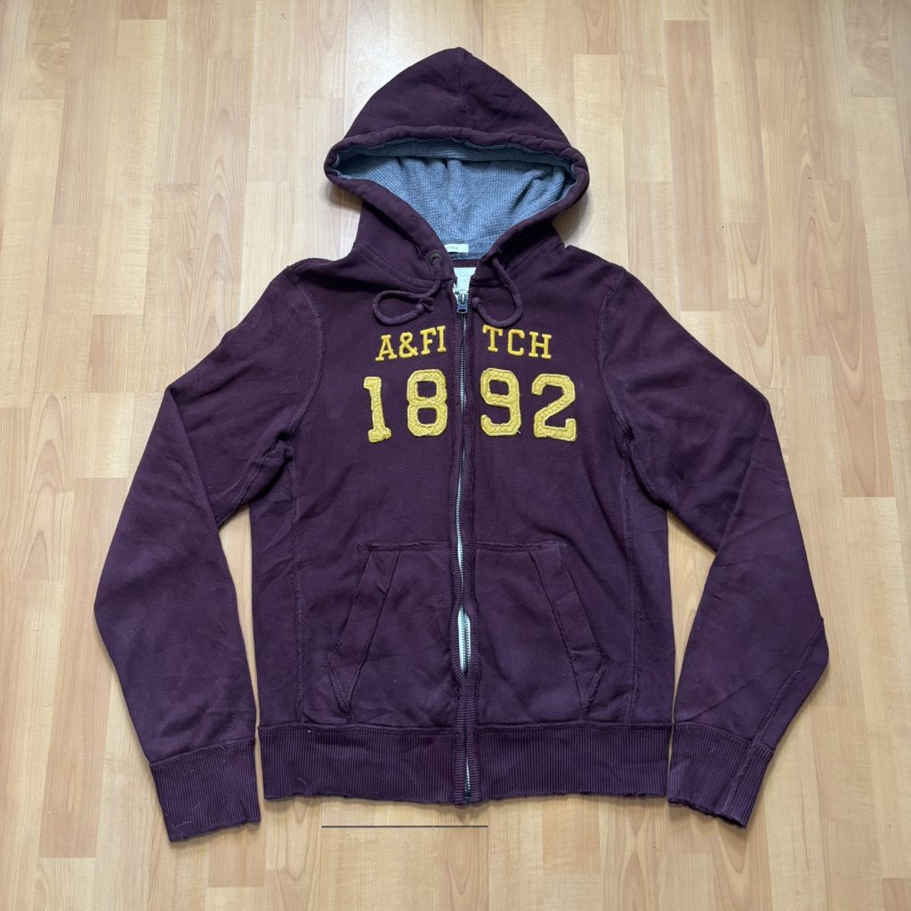 Y2K Abercrombie & Fitch 1892 Zip Up Hoodie Burgundy Mustard Appliqué Distressed Muscle Fit Size M