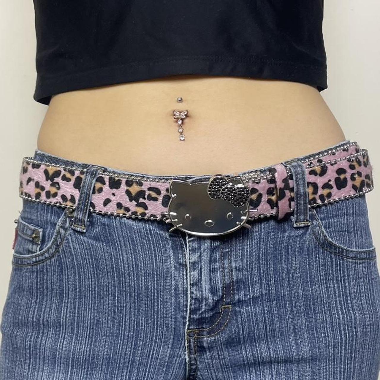 Hello Kitty Y2K Pink Leopard Fur Belt Rhinestone Bow Buckle Studded