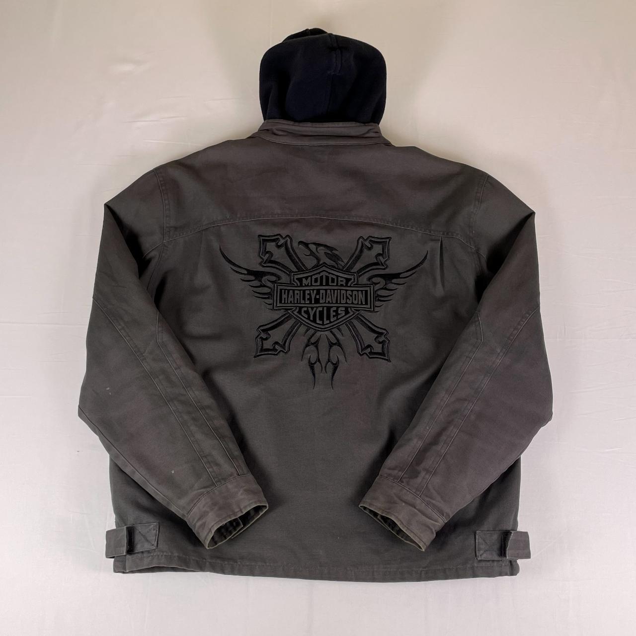 Harley-Davidson Hooded Canvas Work Jacket L Grey Wings Bar Shield