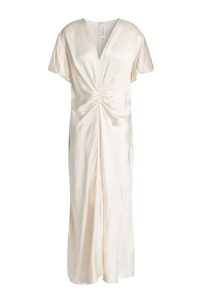 New Victoria Beckham Cream Satin Gathered Midi Dress Size XS