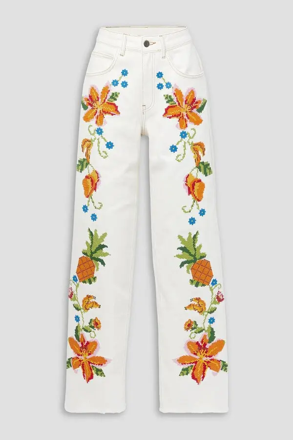 New Farm Rio White Floral Embroidered Wide-Leg Jeans Size M/L