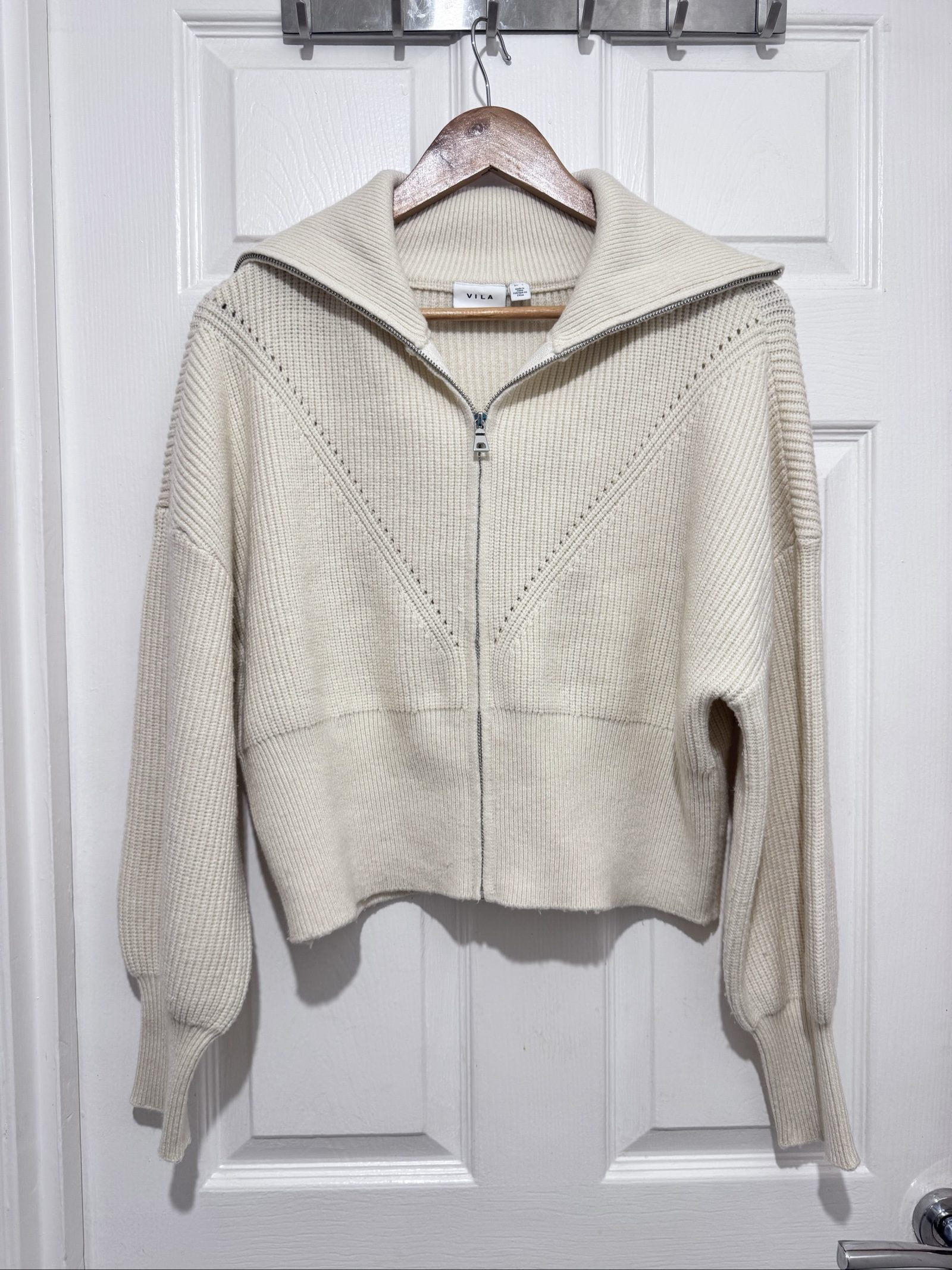 Vila Cream Zip-Up Knit Jumper Large Ribbed Collar