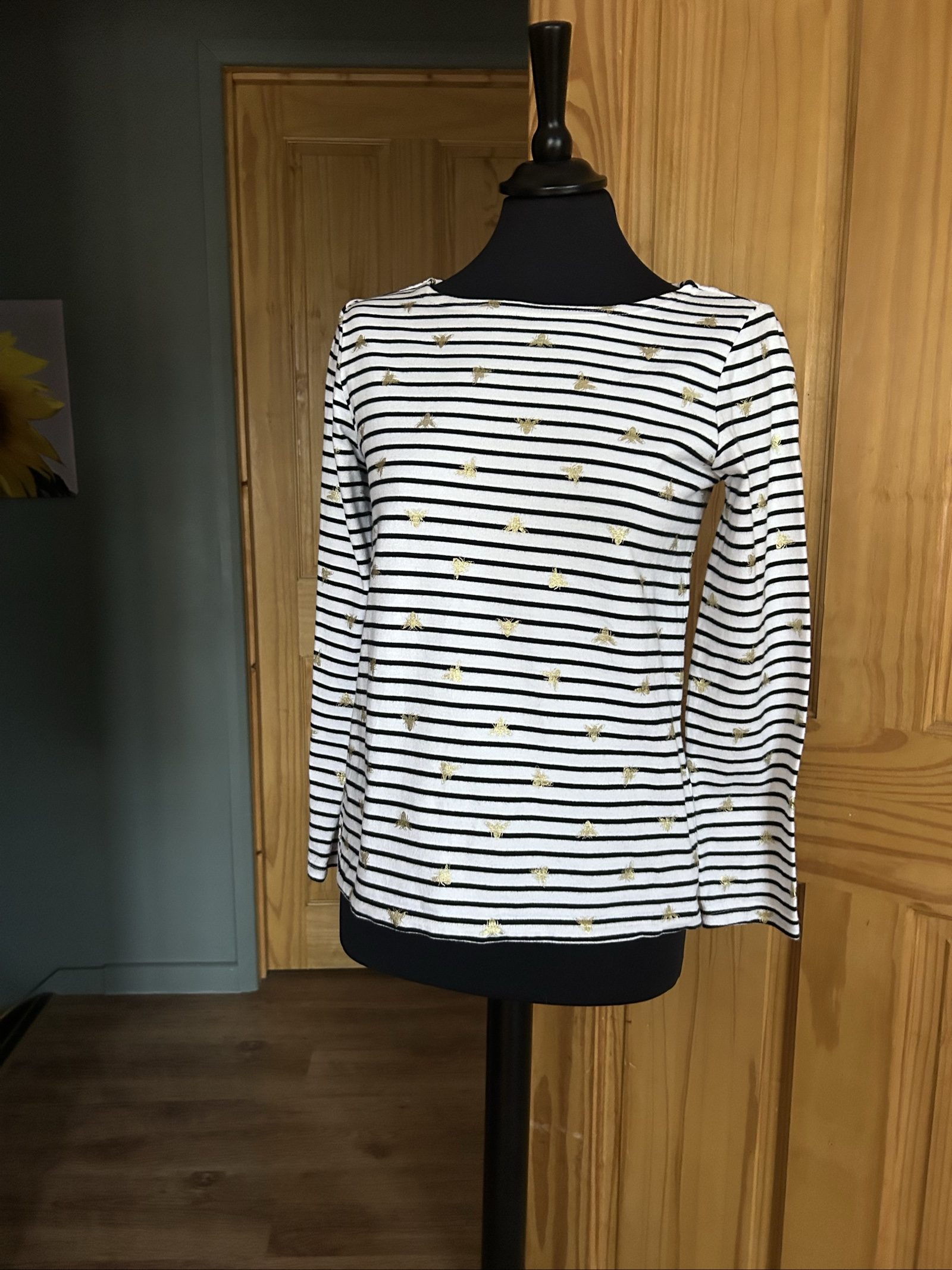 Joules Women's White & Black Stripe Bee Print Cotton Top UK 10