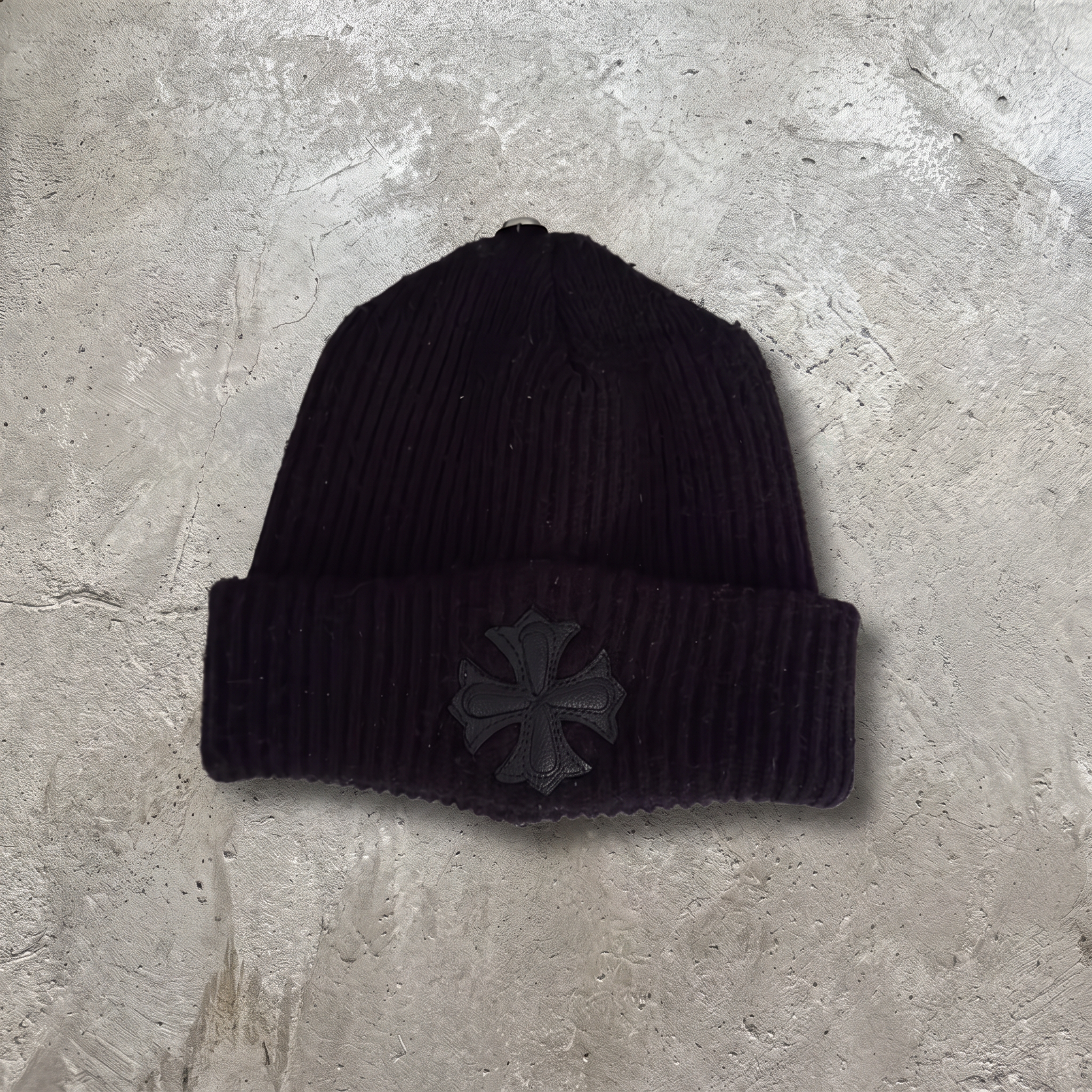 Black Ribbed Knit Beanie Hat with Cross Patch