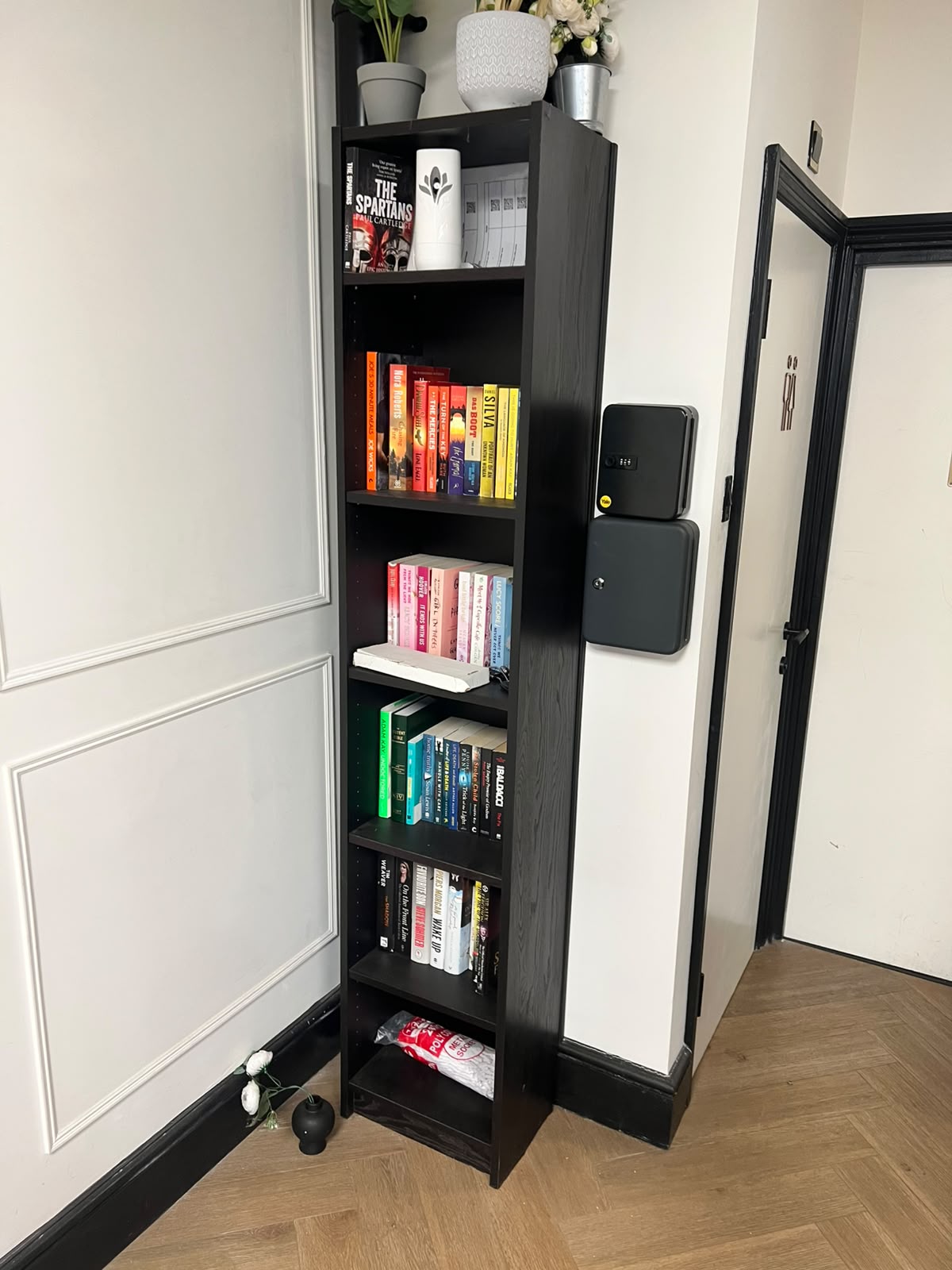 Black Wooden Tall Narrow Bookcase Shelf Unit