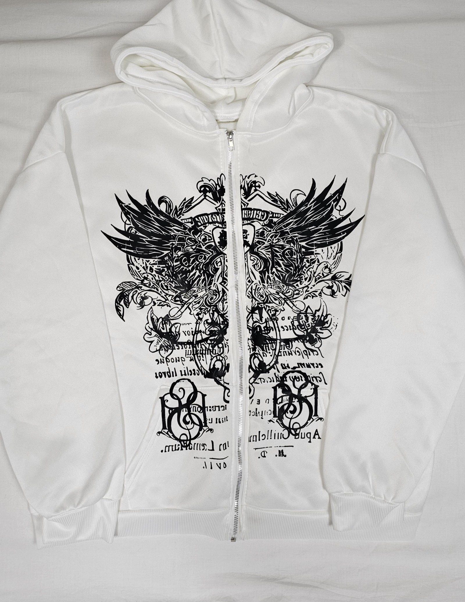 White Gothic Wings Graphic Full Zip Hoodie Unisex Large Y2K Streetwear