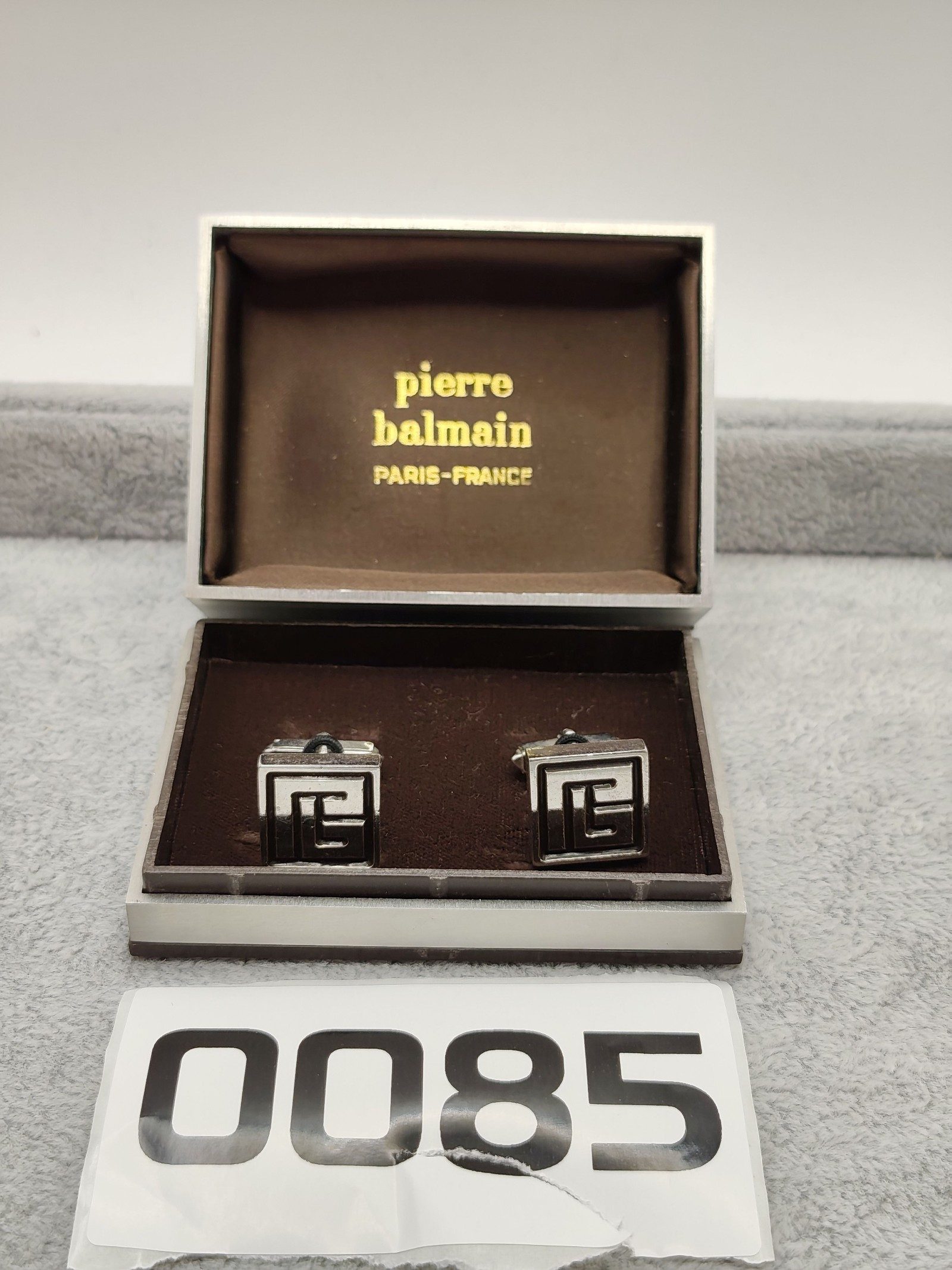 Pierre Balmain Silver tone and Black Square Logo Cufflinks