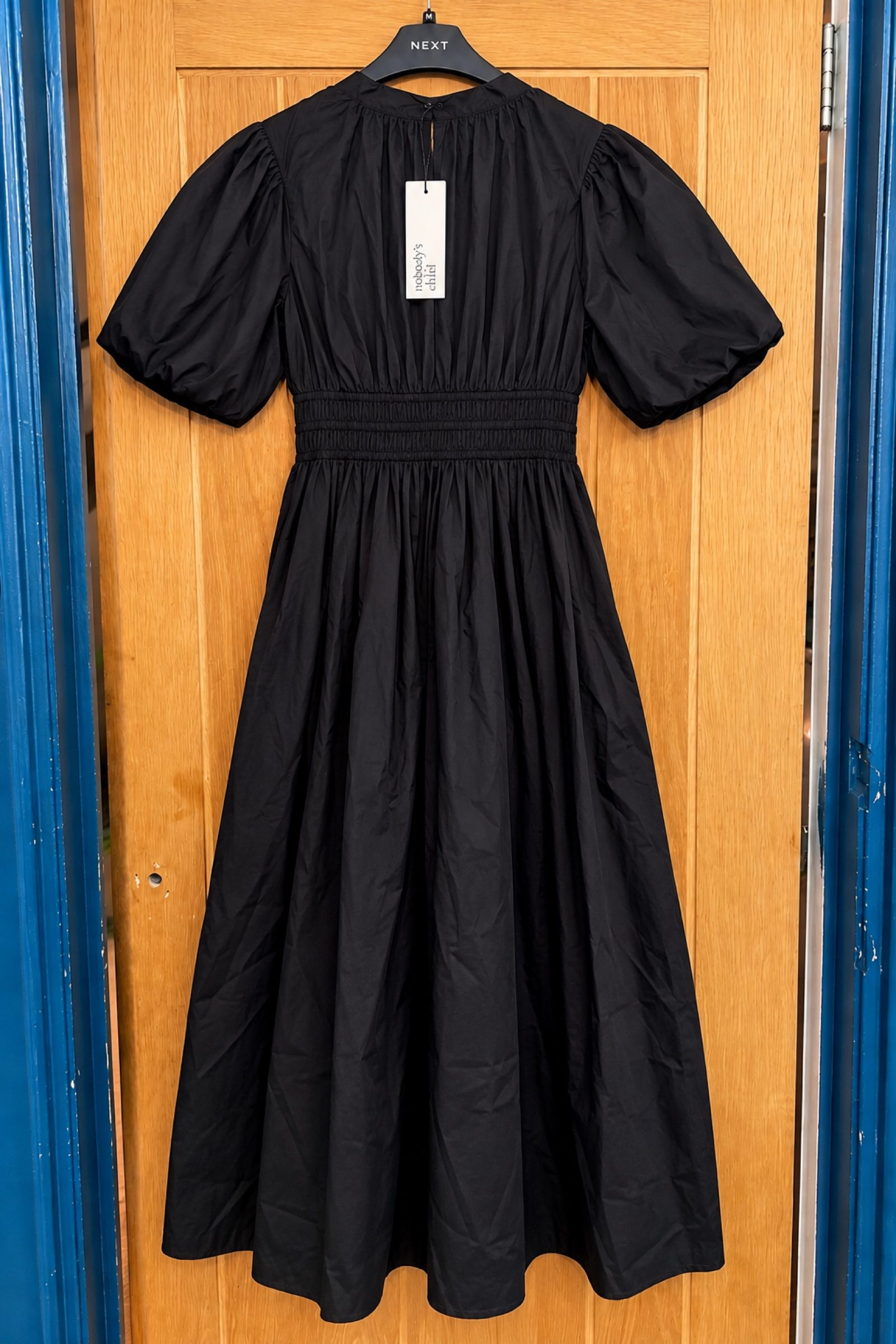 Nobody’s Child Black Puff Sleeve Midi Dress UK 10 BNWT Shirred Waist V Neck image 3