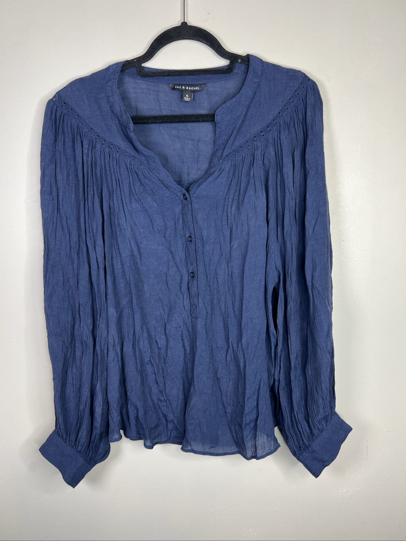 Zac & Rachel Crochet Trim Long Sleeve Blouse Blue Size XL