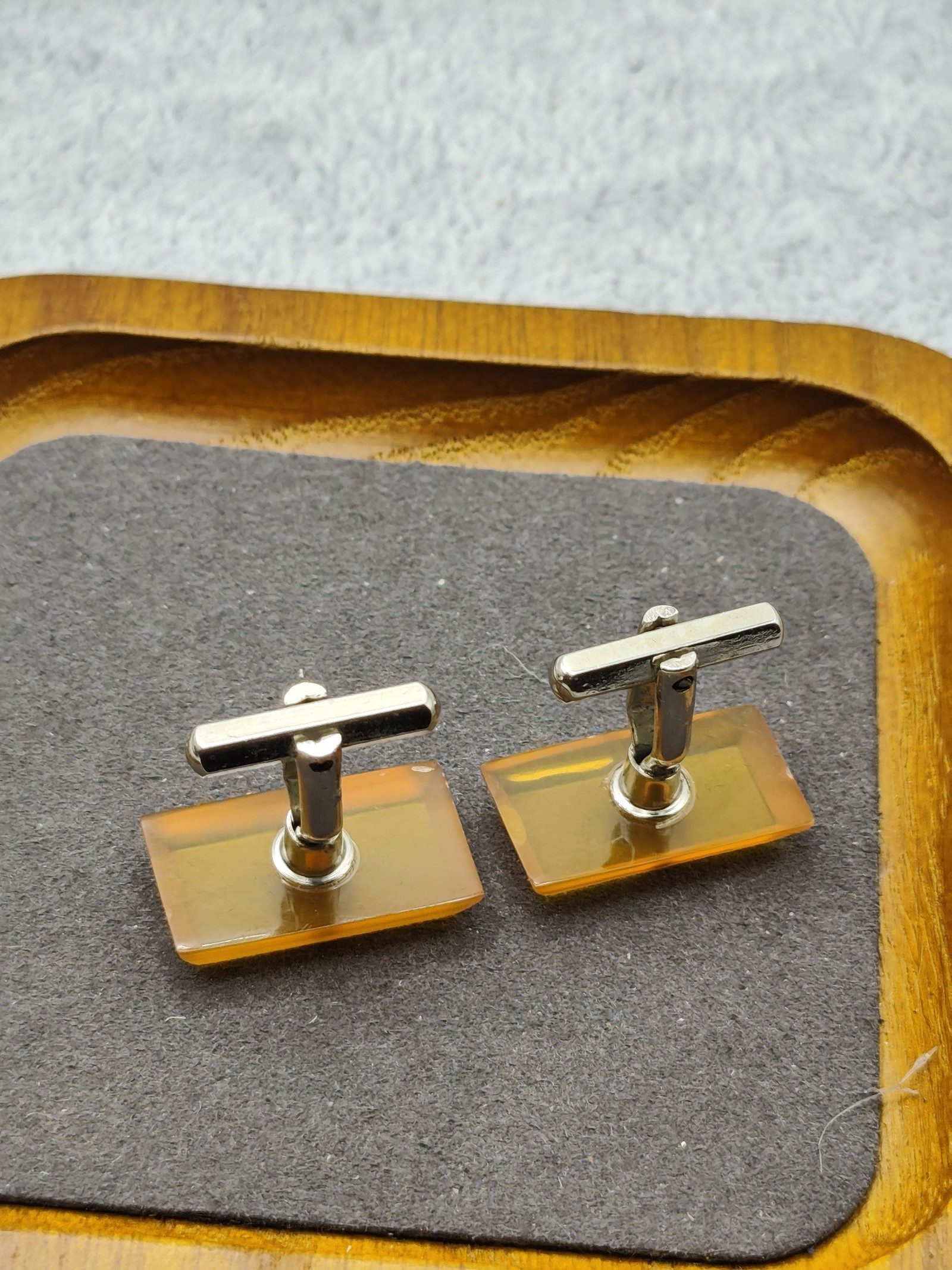 Rectangular Yellow Resin & Silver Tone Men's Cufflinks image 7
